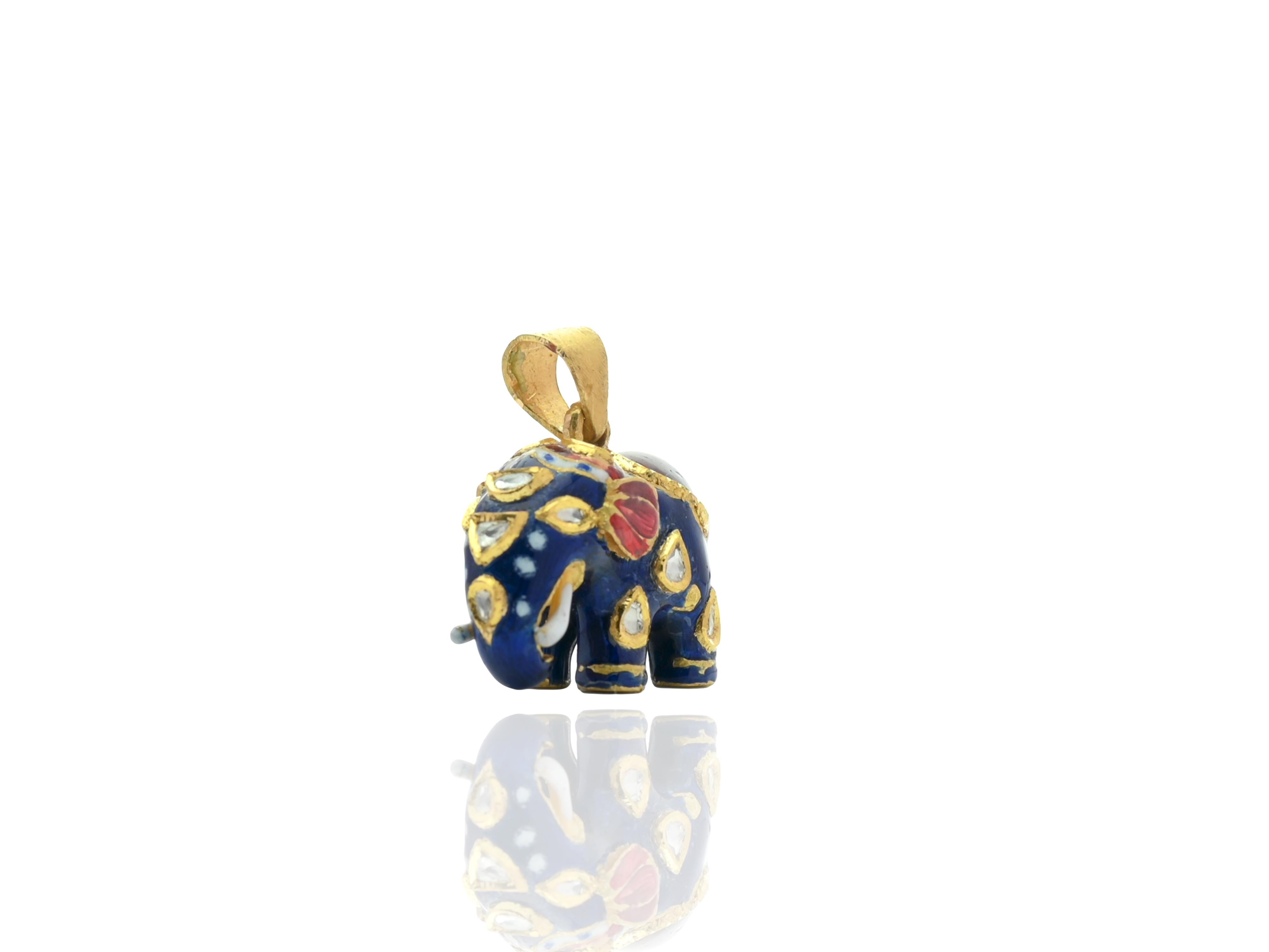 Women's or Men's Rare 22K Gold Elephant pendant with blue enamel, natural spinel and diamonds For Sale