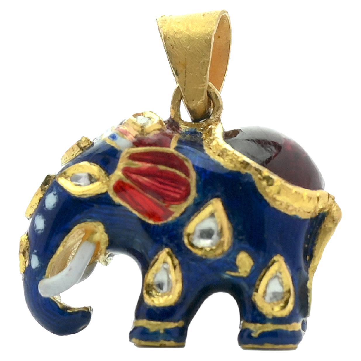 Rare 22K Gold Elephant pendant with blue enamel, natural spinel and diamonds For Sale