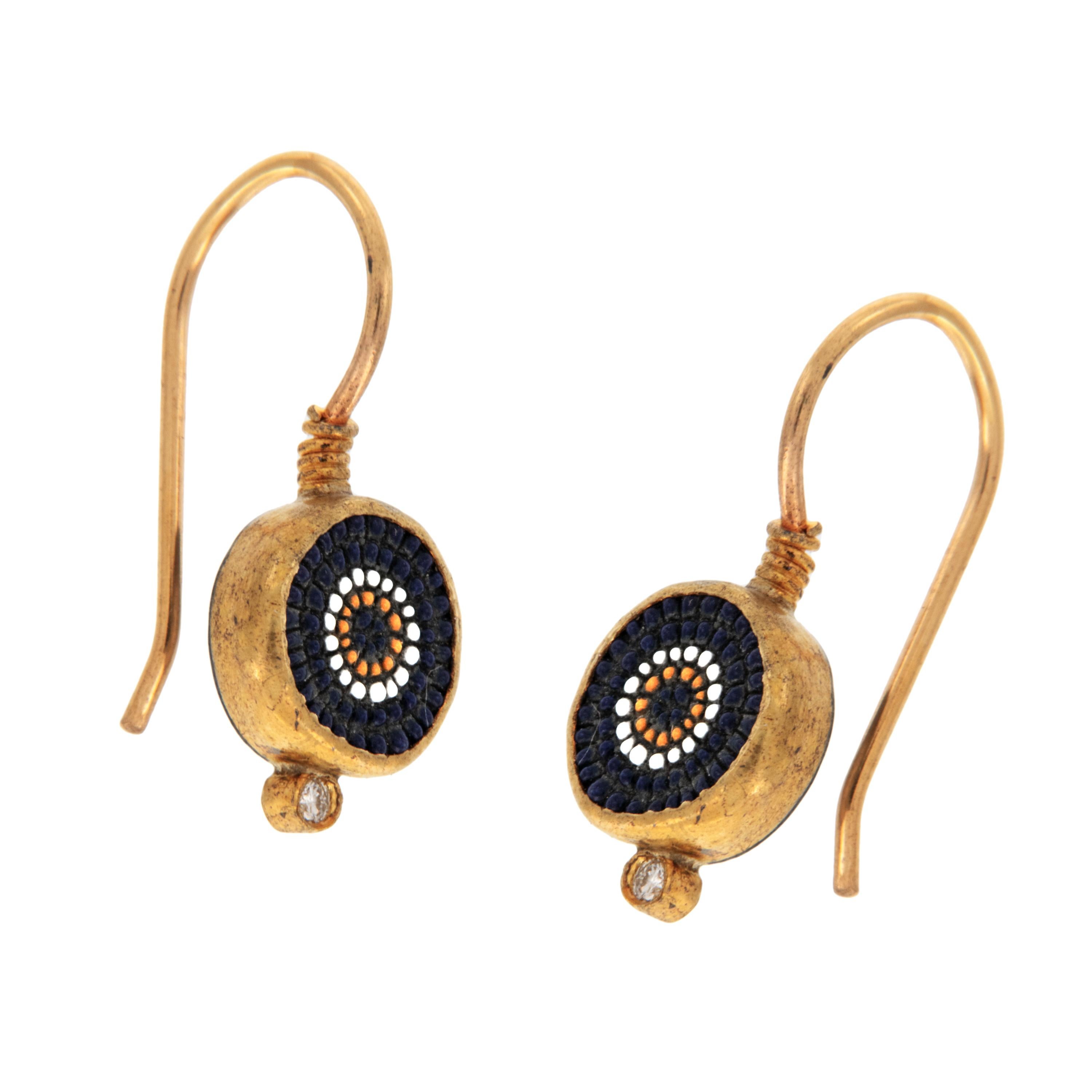 Classical Greek Rare 24 Karat Yellow Gold and Silver Micro Mosaic Drop Earrings
