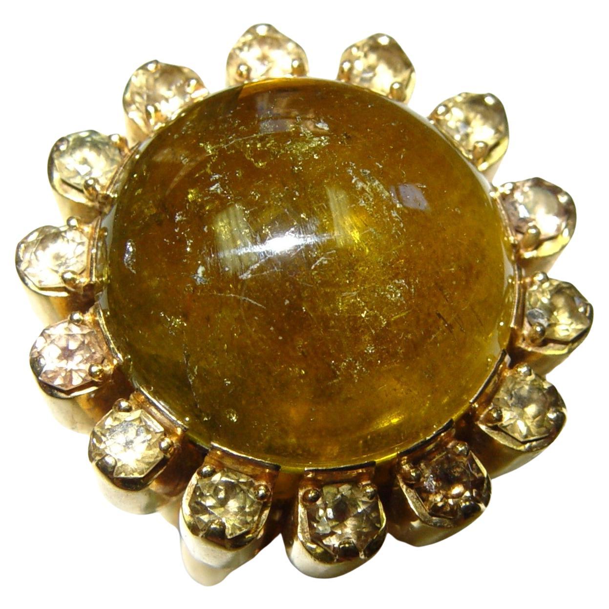 Eccentric/exaggerated ring set with One Round Cabochon Cut natural Chrysoberyl - Cat's Eye (measuring approximately 25MM in diameter and approximately 22MM deep - can not exactly reach to the center of the stone with the millimeter gage. Chrysoberyl
