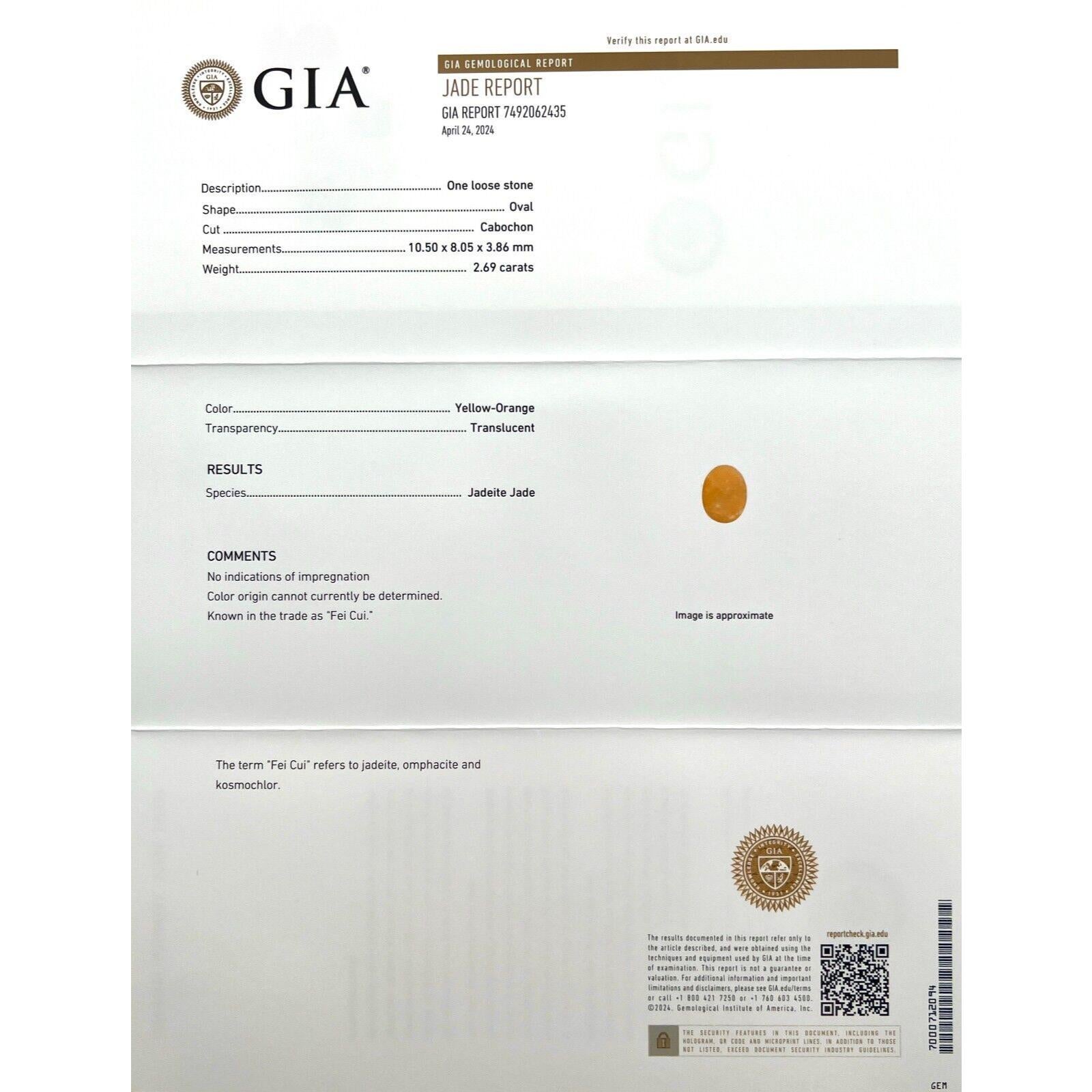 Raro 2.69ct GIA Certificado Amarillo Naranja Jadeíta Jade a Grado Oval Cab Sin Tratar
 
 Gema de jadeíta amarilla anaranjada sin tratar certificada por el GIA.
 2,69 Quilates con una excelente talla cabujón oval. Totalmente certificado por la GIA.
