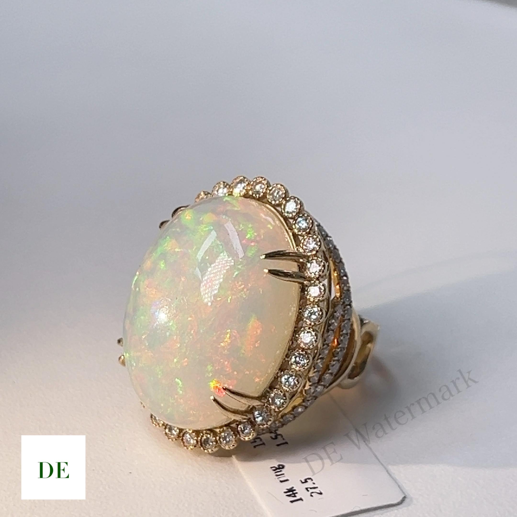 Emerald Cut 14k Rare 27.5 Carat Opal 1.55 Carat Diamond Engagement Statement Cocktail Ring For Sale