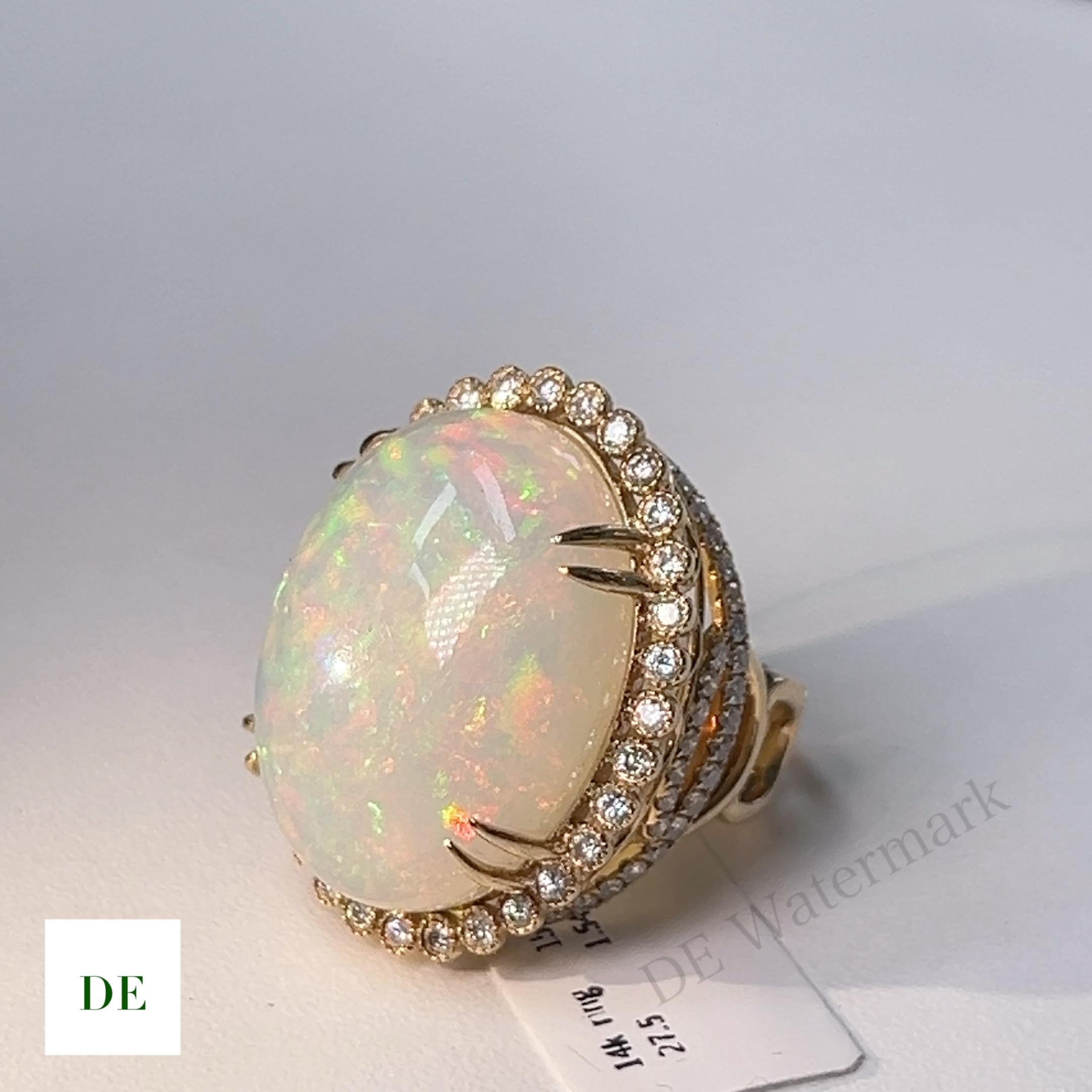 Women's or Men's 14k Rare 27.5 Carat Opal 1.55 Carat Diamond Engagement Statement Cocktail Ring For Sale