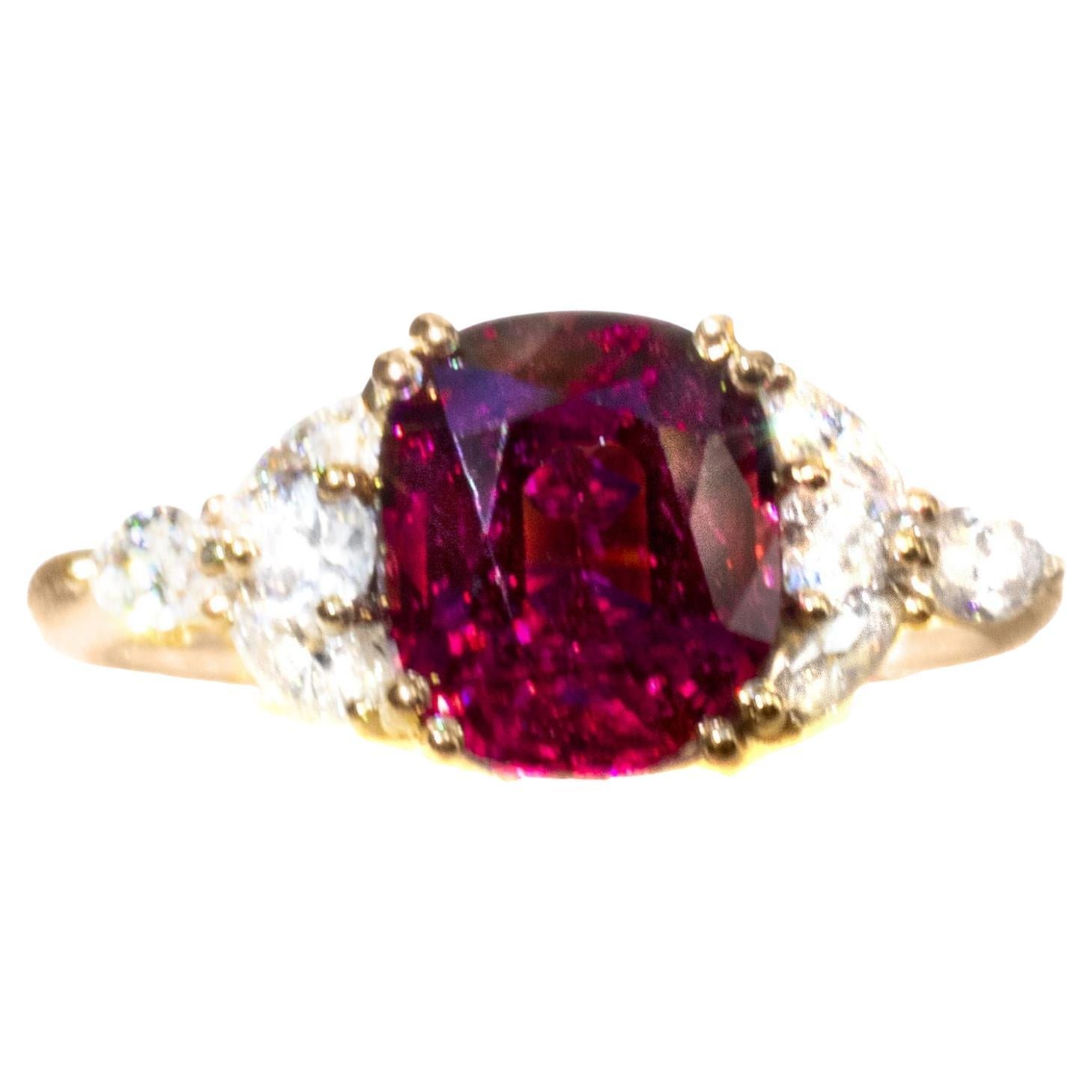 Rare 2.9 carat Burmese Red Spinel & Diamond 18K Ring For Sale
