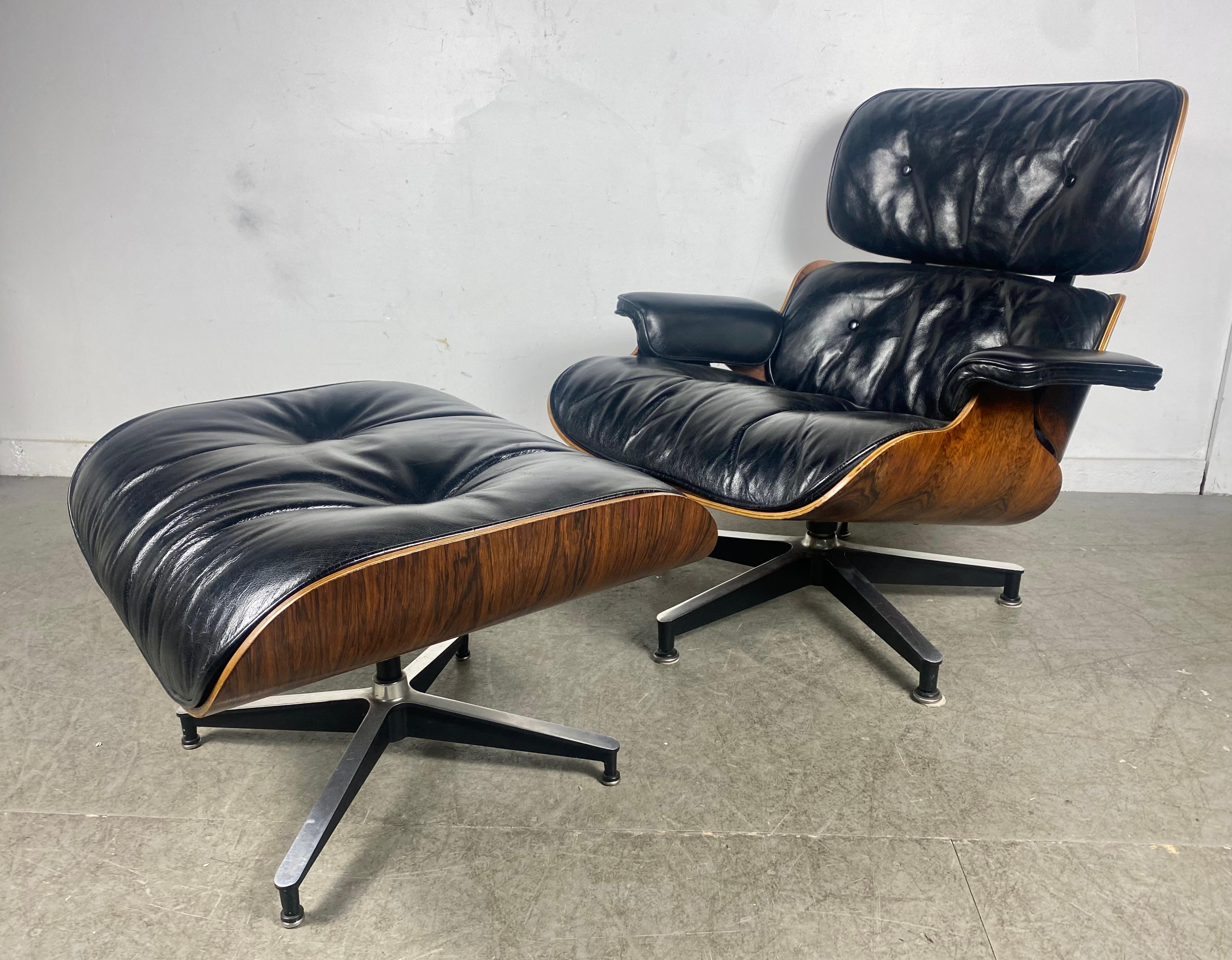Aluminum Rare 2nd Generation Rosewood, Leather Lounge Chair and Ottoman by Charles Eames For Sale