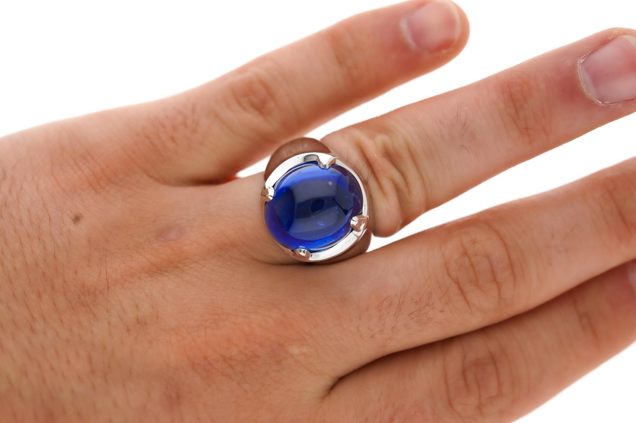 Men's Rare 29.51 Carat No Heat Ceylon Blue Sapphire Cabochon Solitaire Mens Ring For Sale