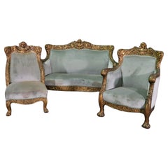 Antique Rare 3 Piece Carved Figural Gold Karpen Victorian Parlor Set