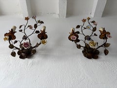 Rare 3 Sets,  6 Italian 19th Century Tole & Porcelain Roses Polychrome Sconces