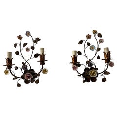 Rare 3 Sets, 6 Italian 19th Century Tole & Porcelain Roses Polychrome Sconces