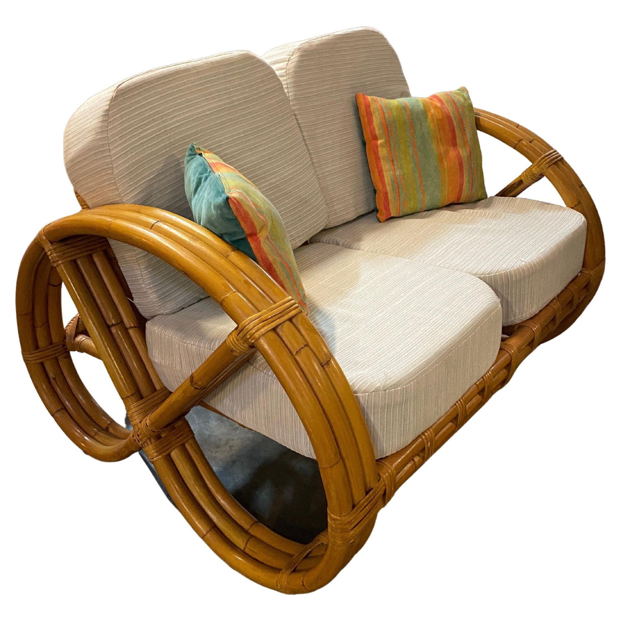 Rare Restored 3-Strand Child Size Round Full Pretzel Rattan Sofa Lounge Chair 8
