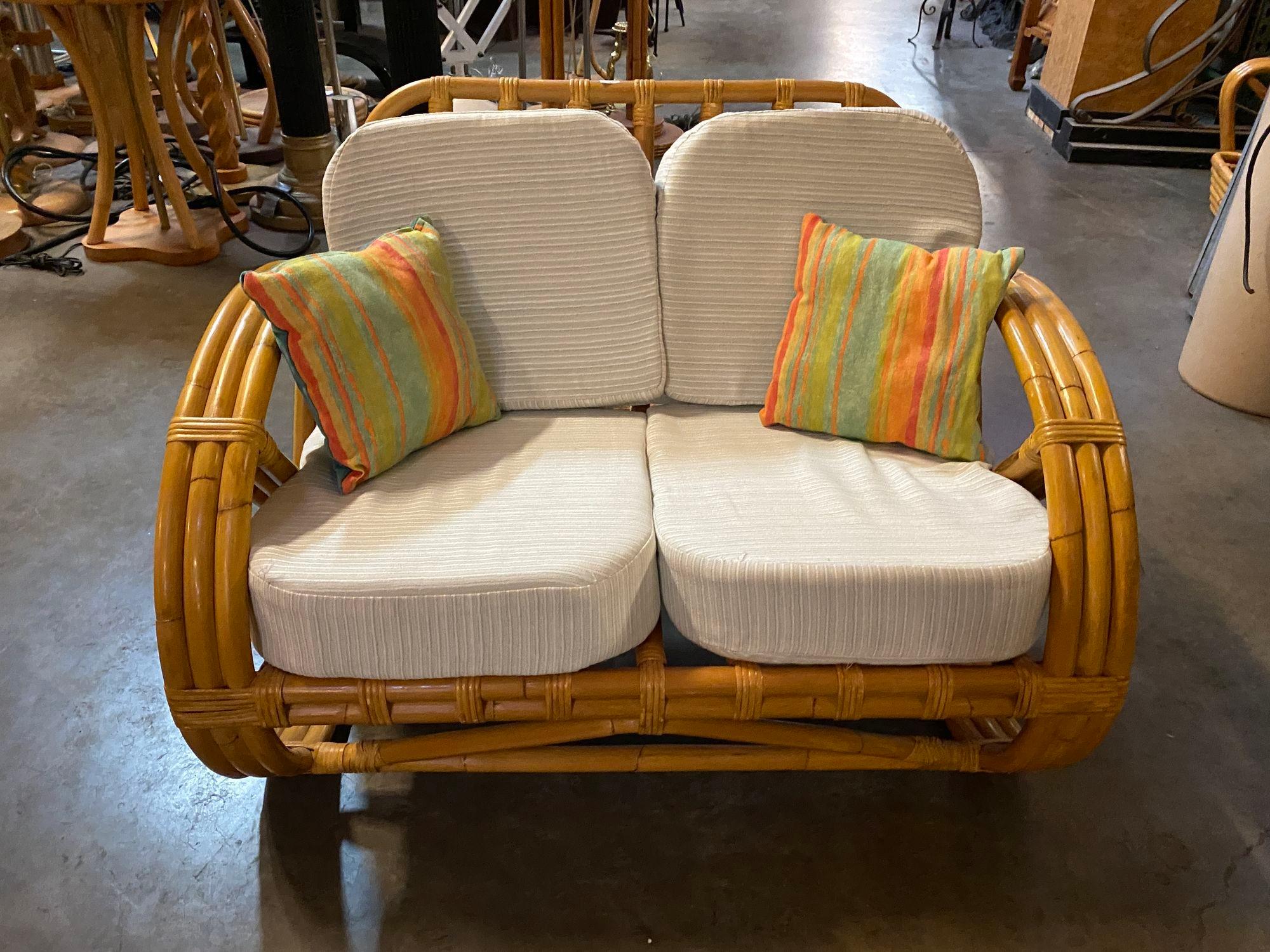 Rare Restored 3-Strand Child Size Round Full Pretzel Rattan Sofa Lounge Chair 3