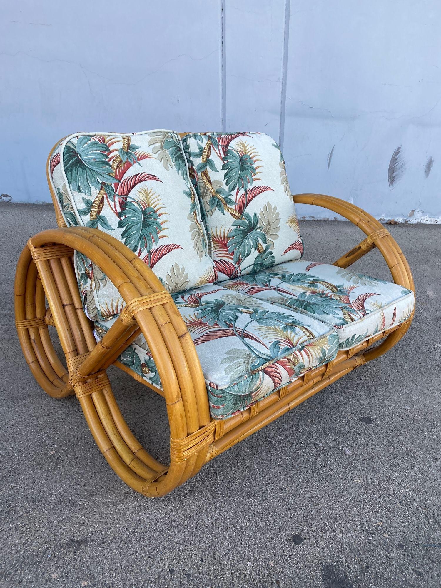 Rare 3-Strand Child Size Round Full Pretzel Rattan Sofa & Lounge Chair Set For Sale 6
