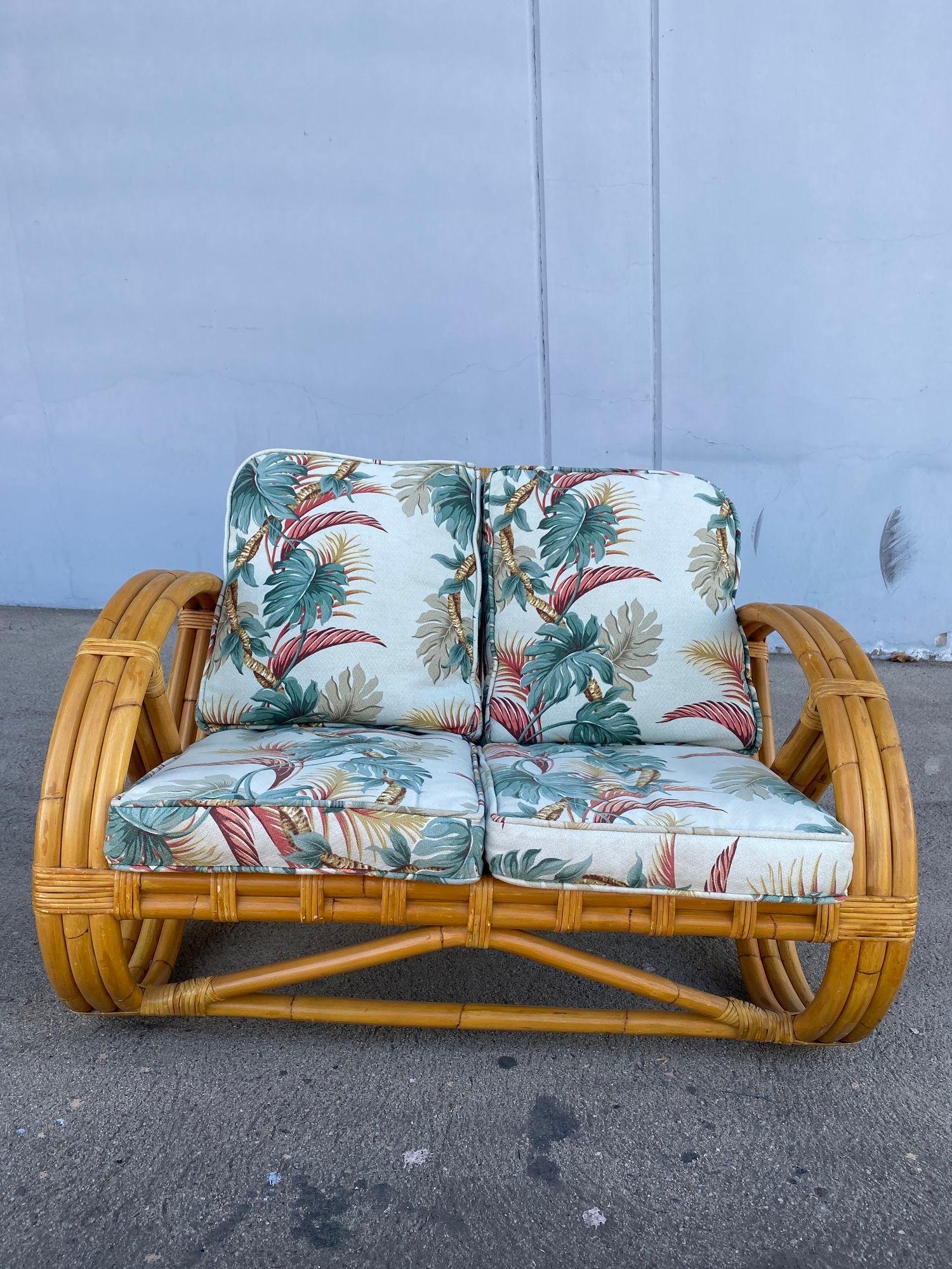 Rare 3-Strand Child Size Round Full Pretzel Rattan Sofa & Lounge Chair Set For Sale 8