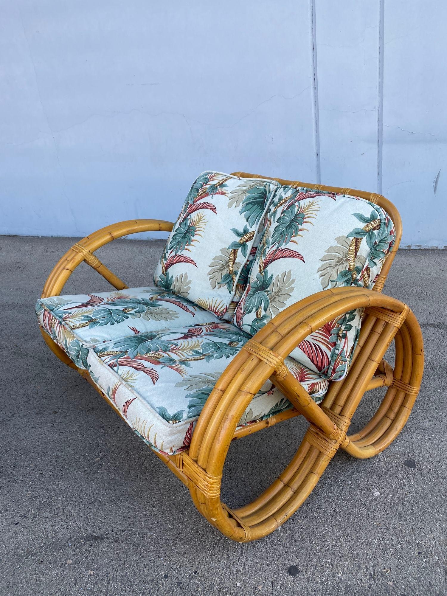Rare 3-Strand Child Size Round Full Pretzel Rattan Sofa & Lounge Chair Set For Sale 9