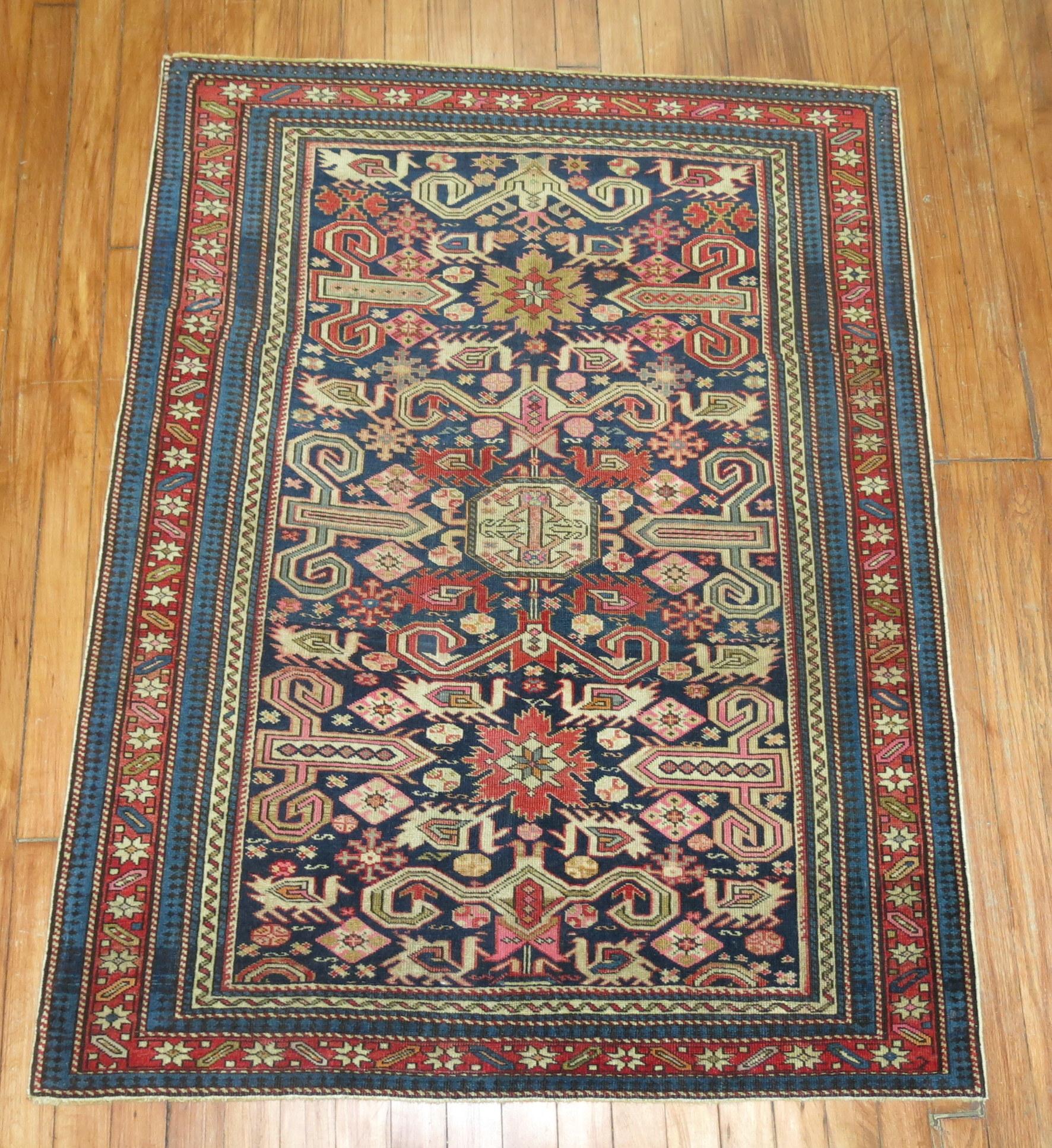 Kazak Rare Navy Field Late 19th Century Antique Caucasian Shirvan Rug For Sale