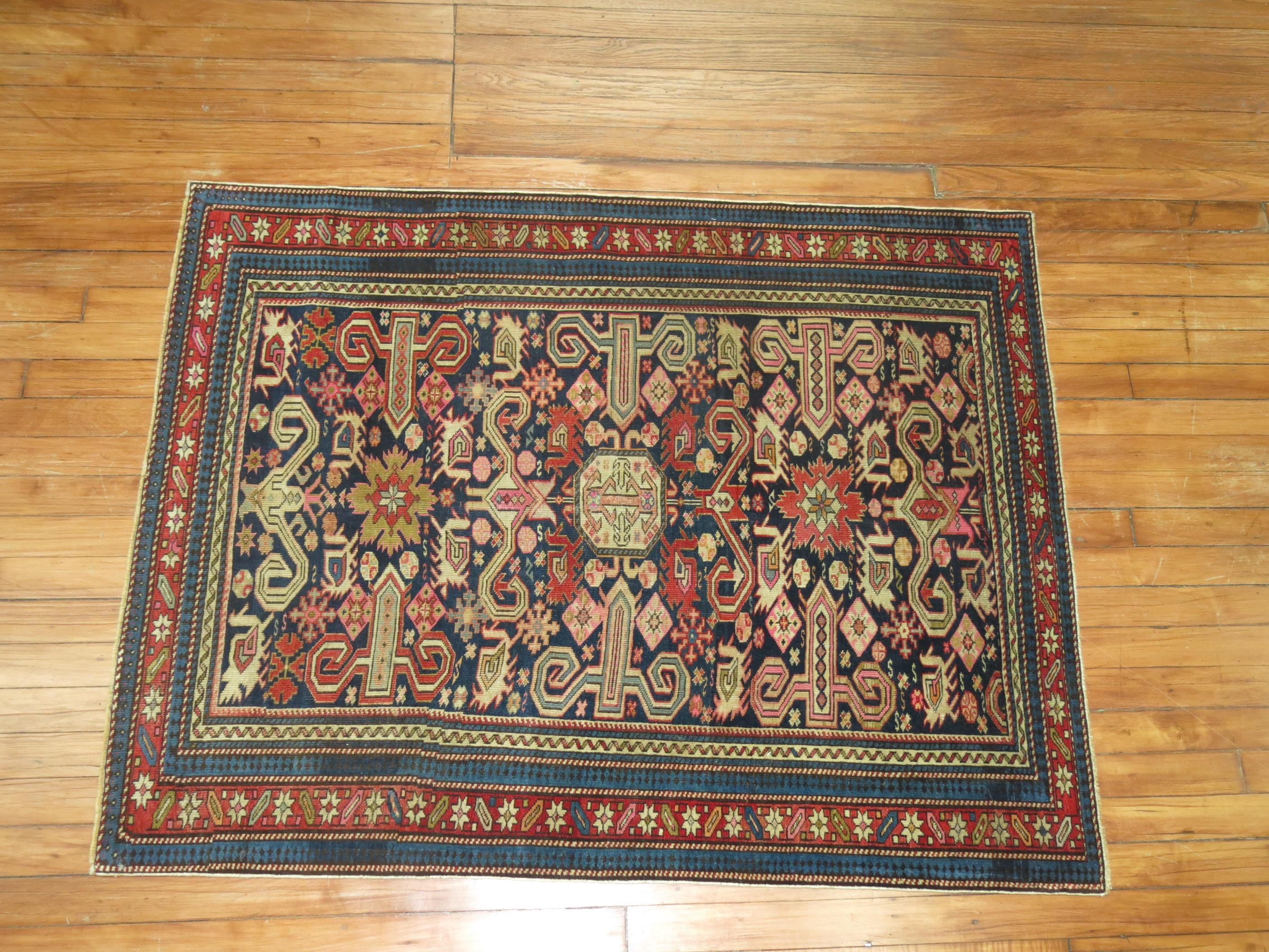 Hand-Woven Rare Navy Field Late 19th Century Antique Caucasian Shirvan Rug For Sale