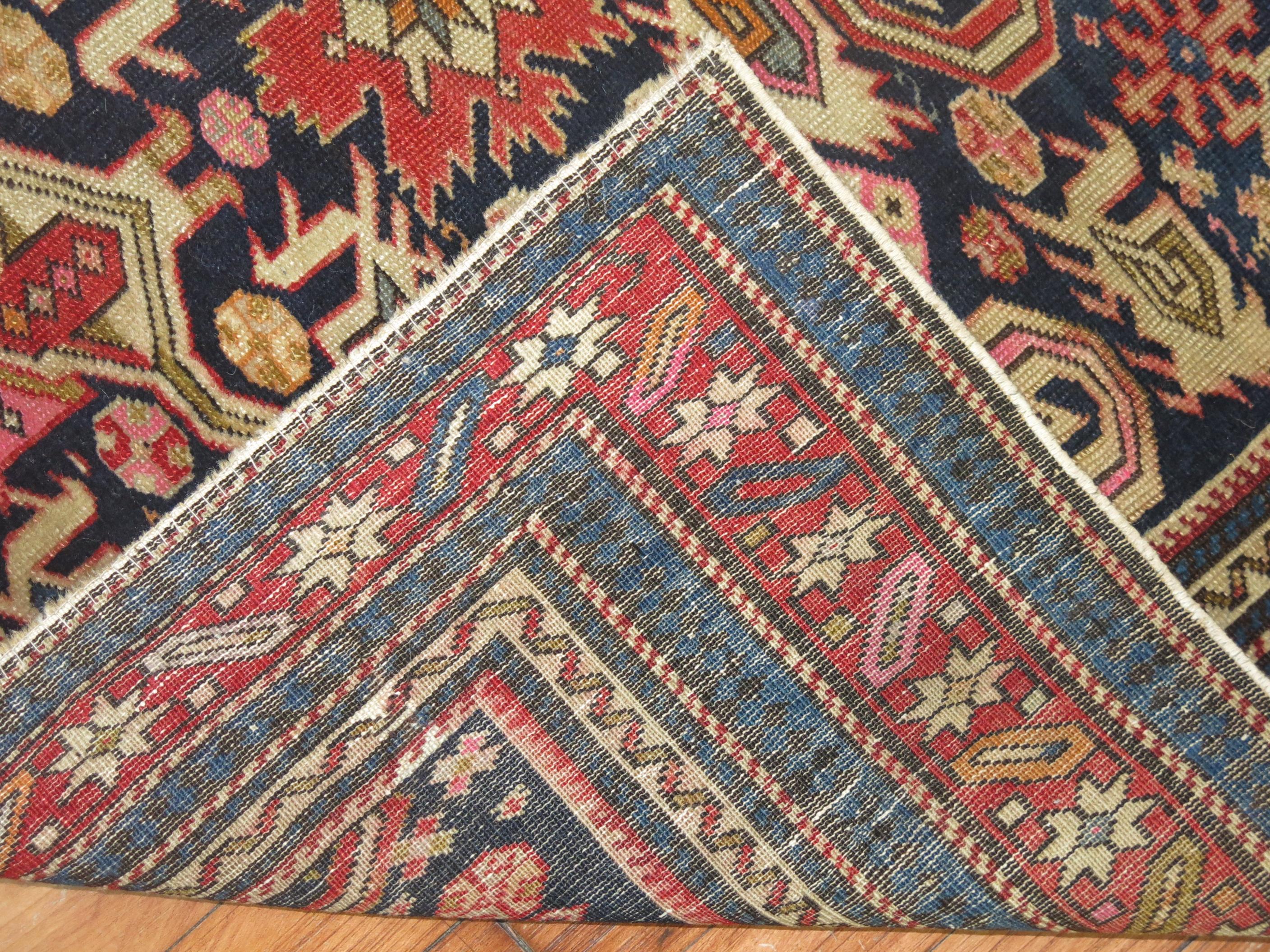 Wool Rare Navy Field Late 19th Century Antique Caucasian Shirvan Rug For Sale