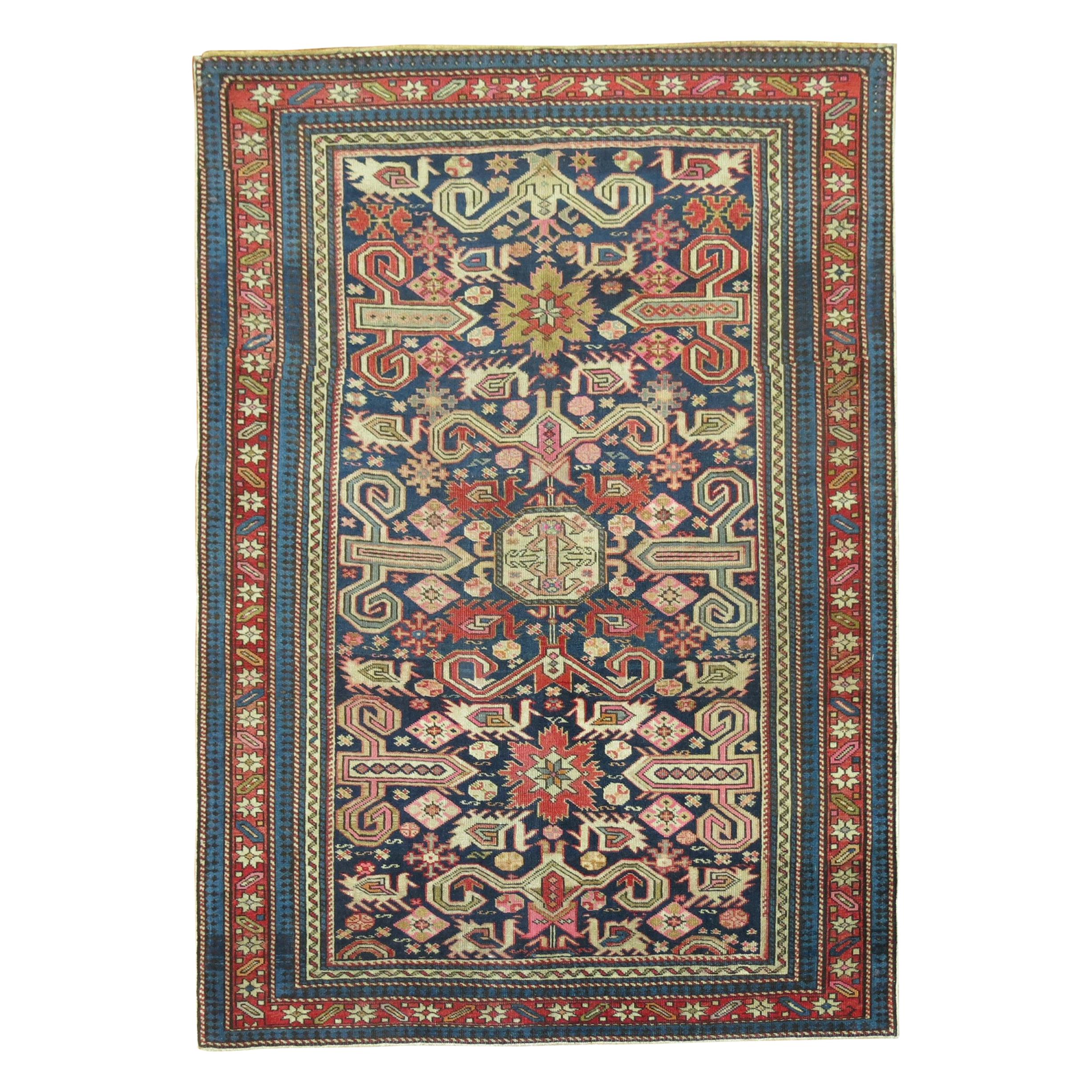 Rare Navy Field Late 19th Century Antique Caucasian Shirvan Rug For Sale