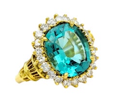 Rare 3.0 Carat Oval Cut Indicolite Tourmaline Ring with Diamond Halo in 18K Gold