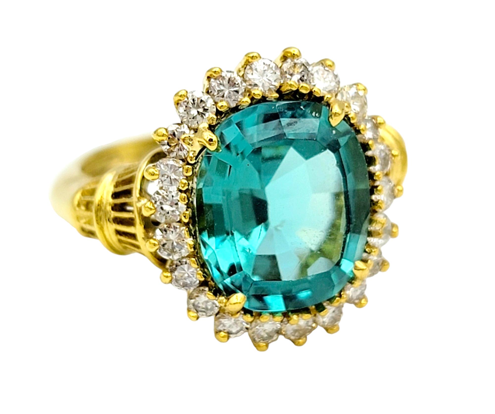 Rare 3.0 Carat Oval Cut Indicolite Tourmaline Ring with Diamond Halo in 18K Gold In Good Condition For Sale In Scottsdale, AZ