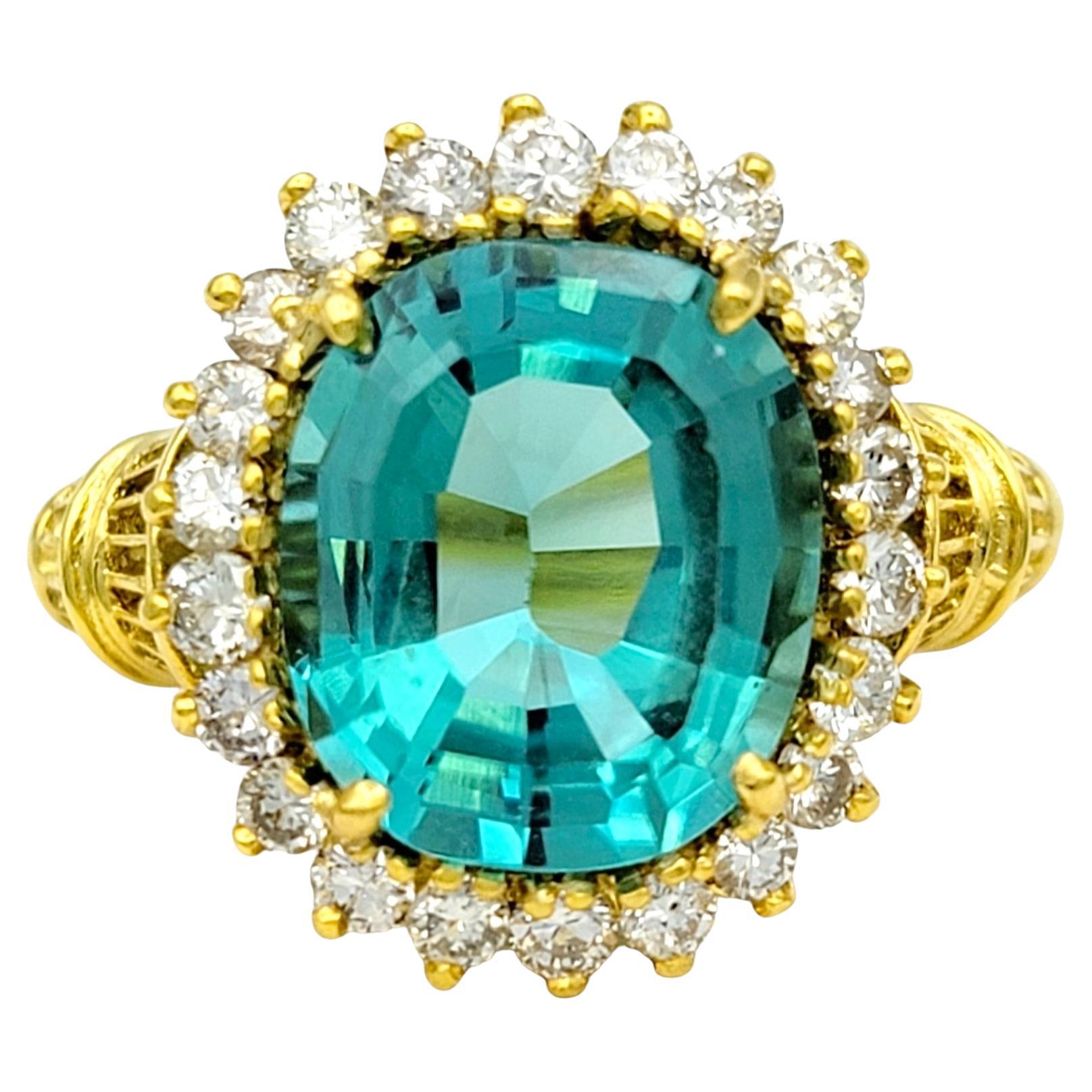 Rare 3.0 Carat Oval Cut Indicolite Tourmaline Ring with Diamond Halo in 18K Gold For Sale