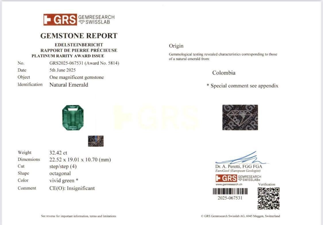 RARE 32.42Ct Green Octagonal Colombian Emerald  Certifié par Gübelin en vente 1