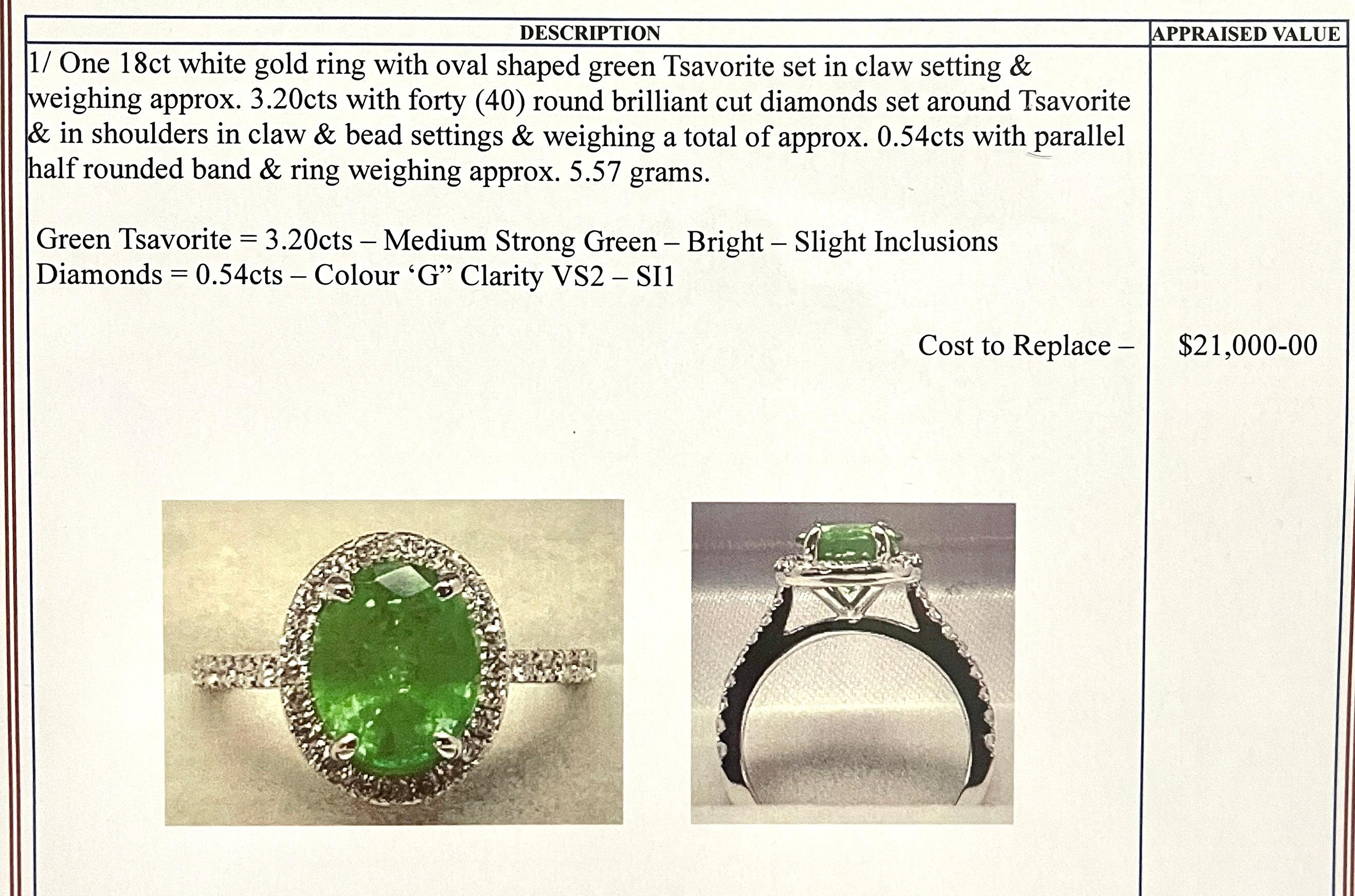 Women's Rare 3ct Carat Tsavorite Garnet Diamond Halo Ring 18ct White Gold Valuation For Sale