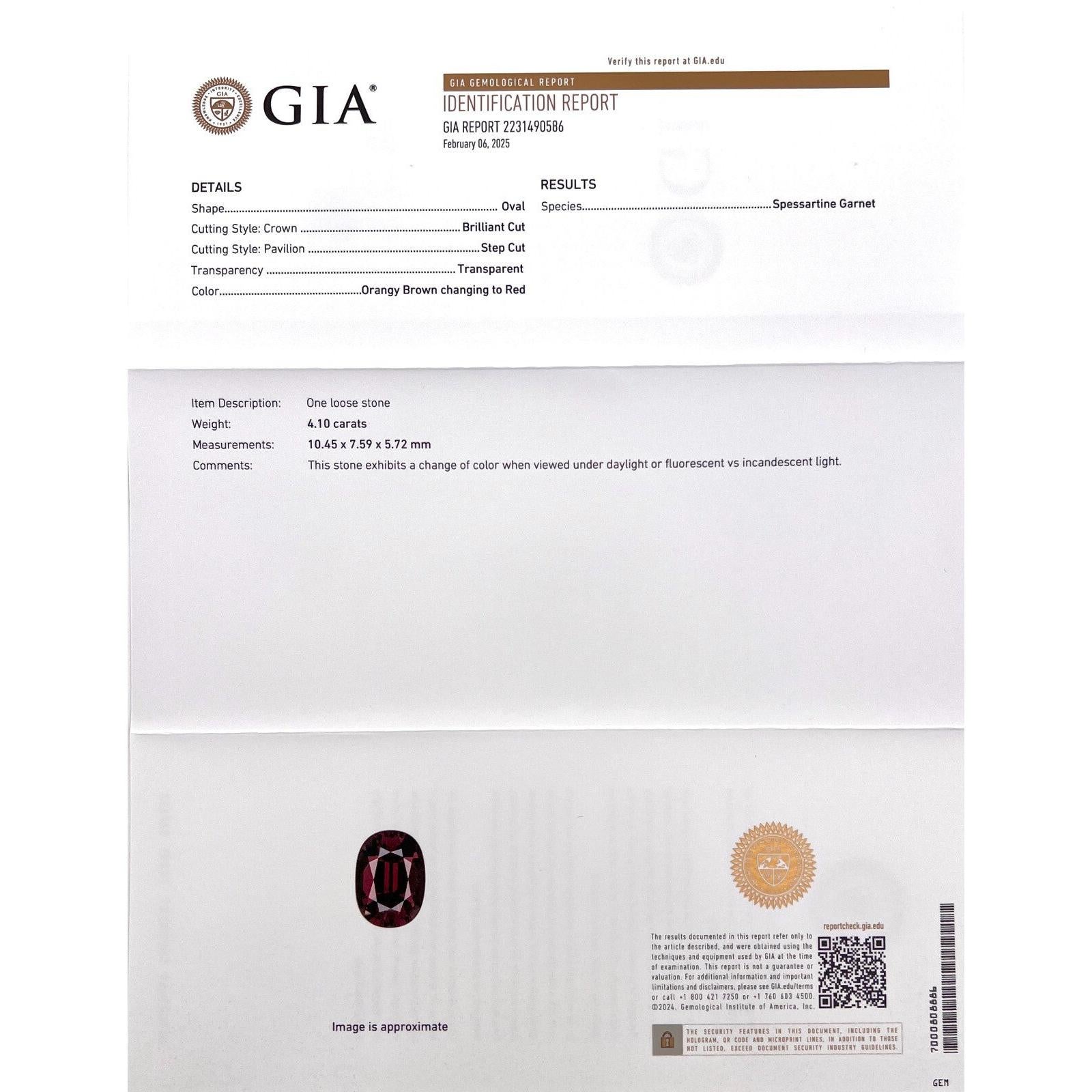 Femenino o masculino Raro granate de cambio de color certificado por la GIA de 4,10 ct Espessartina piropo oval natural en venta