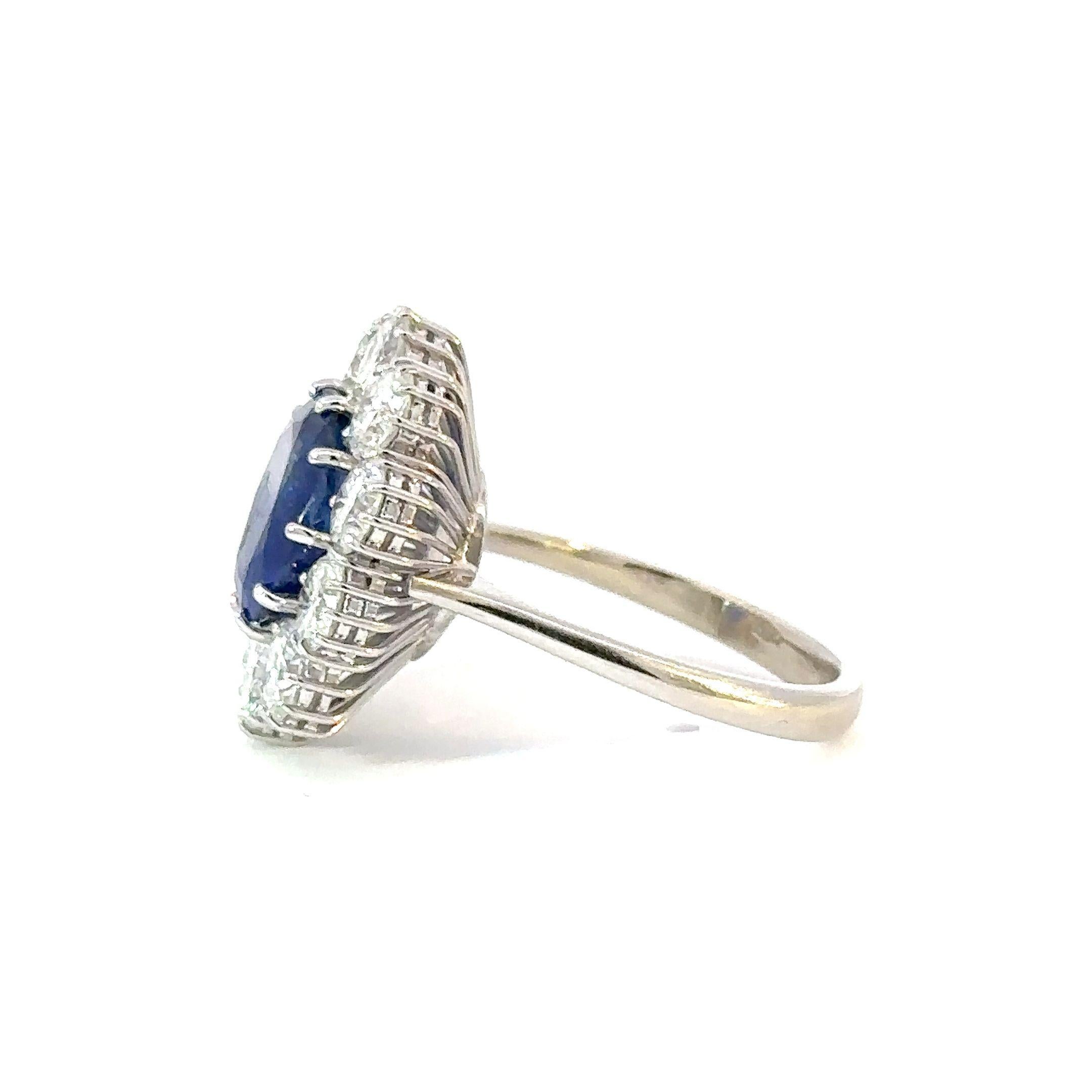 A stunning vintage Italian masterpiece, this Diana-style halo ring features a 4.2ct GRS-certified ‘Royal Blue’ unheated Sri Lankan sapphire, set in 18K white gold and surrounded by 3ctw of dazzling diamonds.

The Sapphire – This is a true