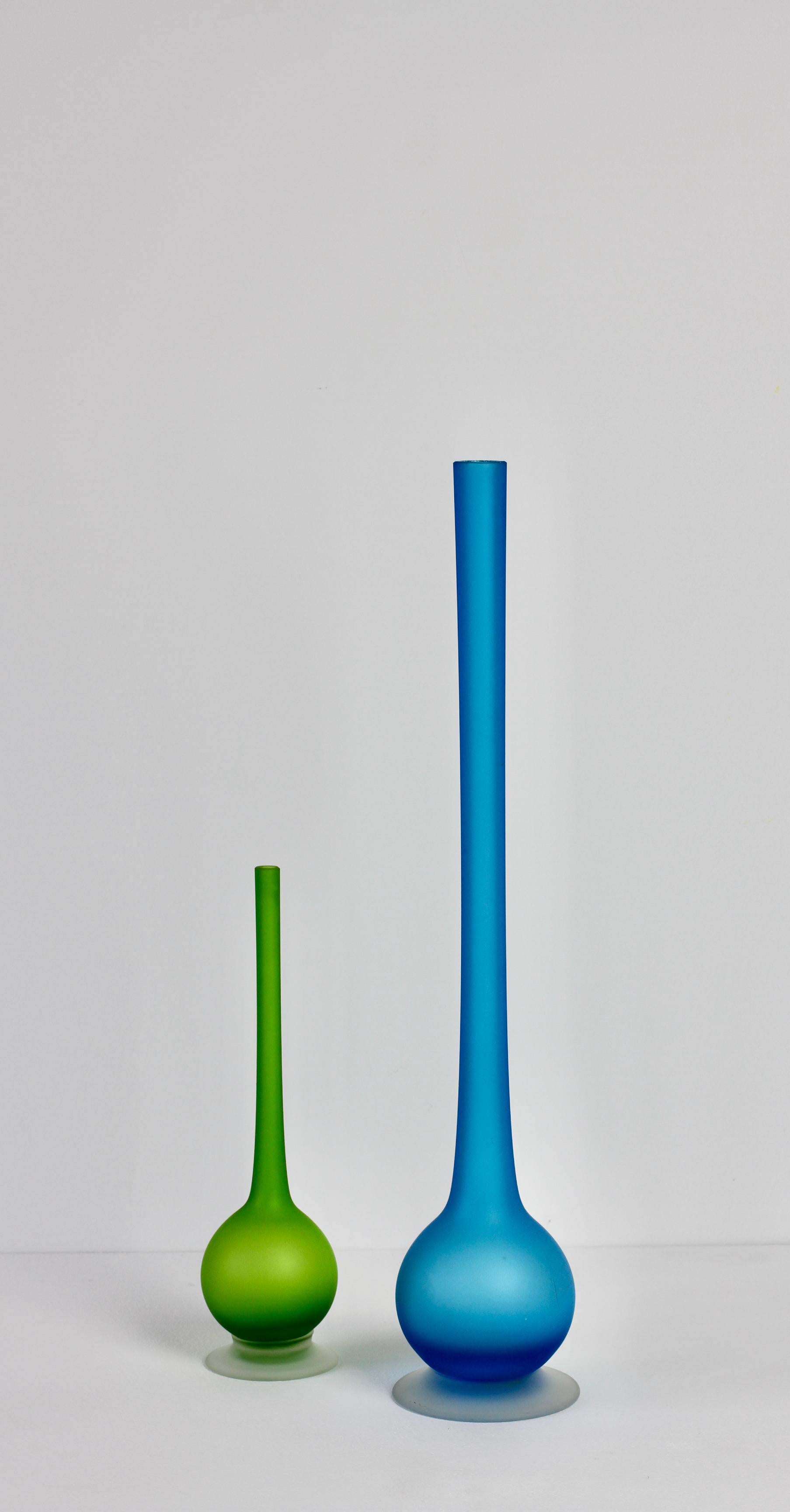 Rare, large Mid-Century Modern vibrant jellybean blue colored / coloured satin Murano glass pencil neck vases by Carlo Moretti (1934-2008), circa 1970.

An absolutely bold yet elegant design with the use of bright, vivid blue combined with the
