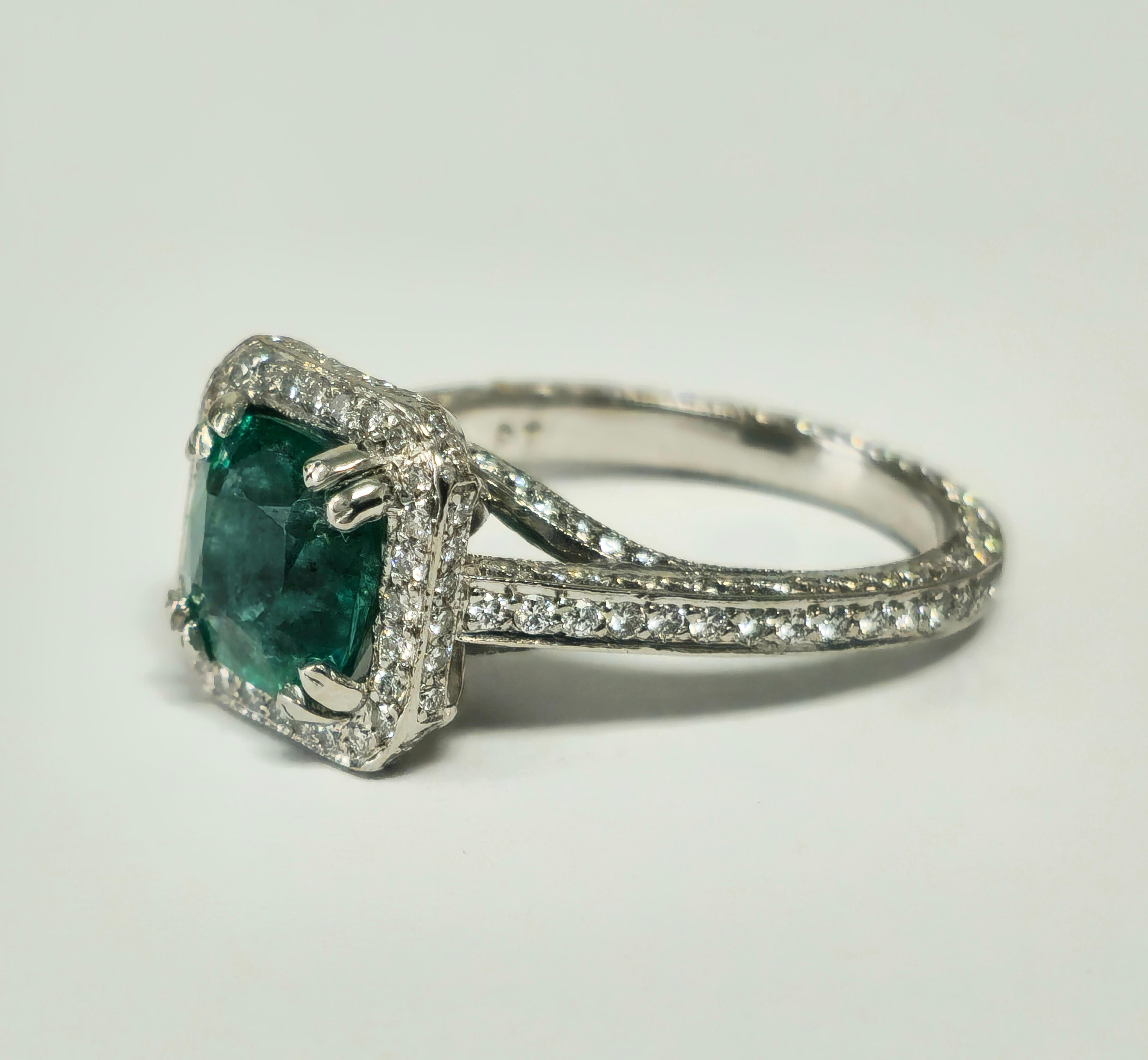 Contemporary RARE 4ct Natural Emerald & Diamond Engagement Ring in Platinum For Sale