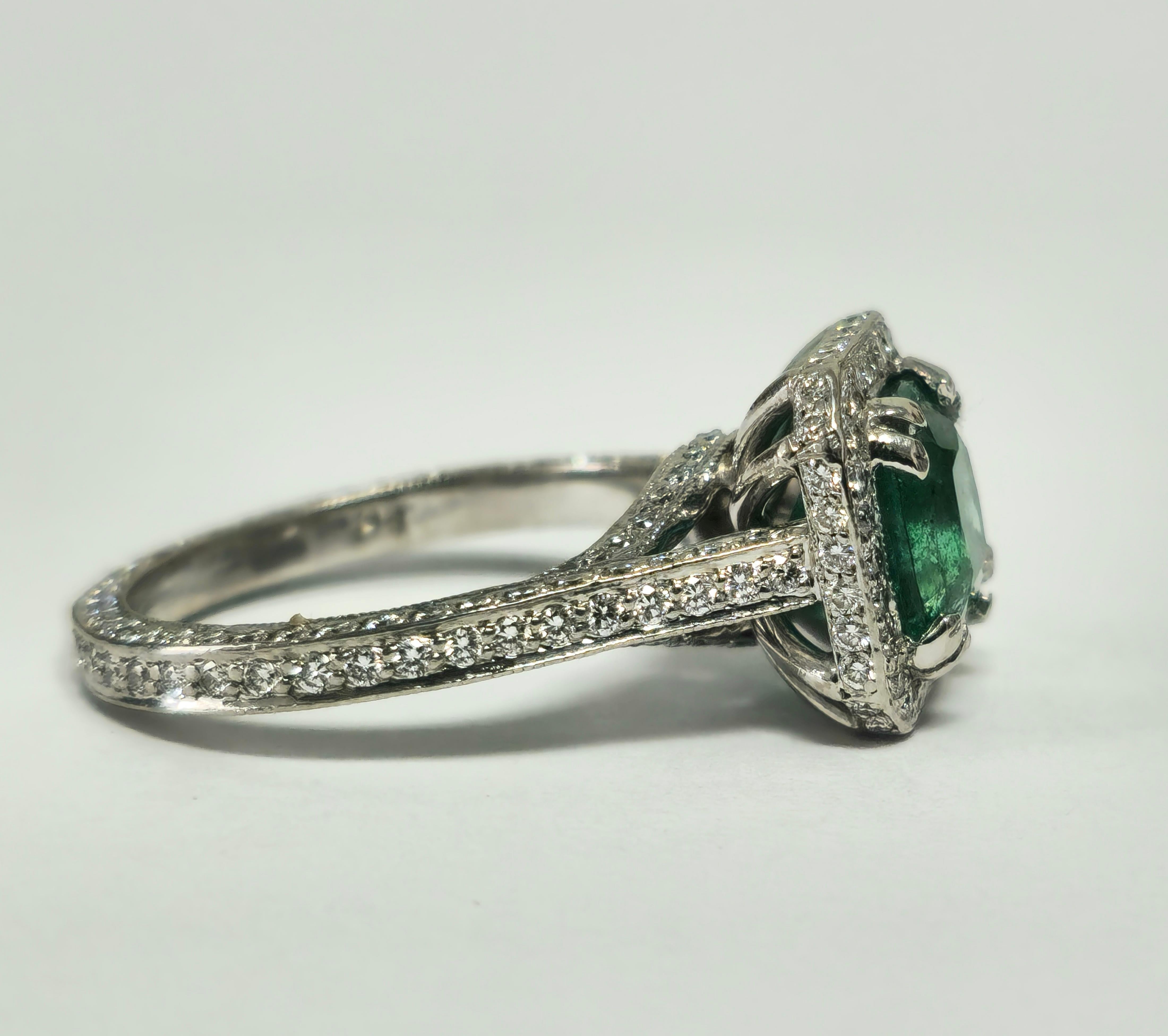 Cushion Cut RARE 4ct Natural Emerald & Diamond Engagement Ring in Platinum For Sale