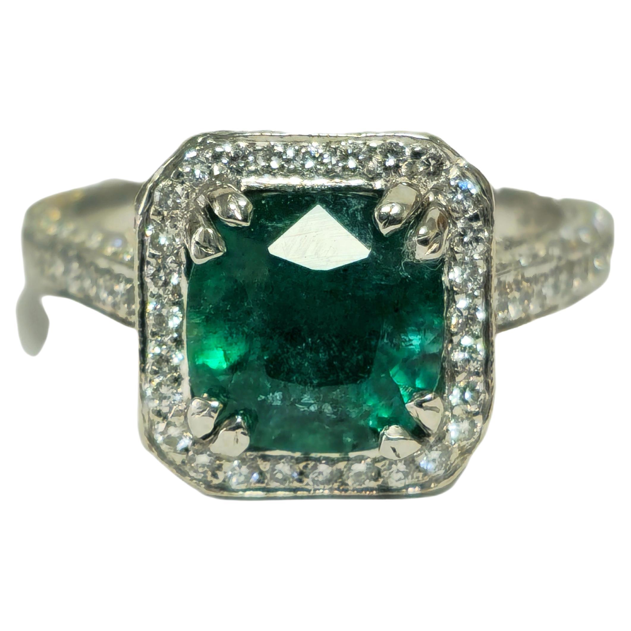 RARE 4ct Natural Emerald & Diamond Engagement Ring in Platinum For Sale