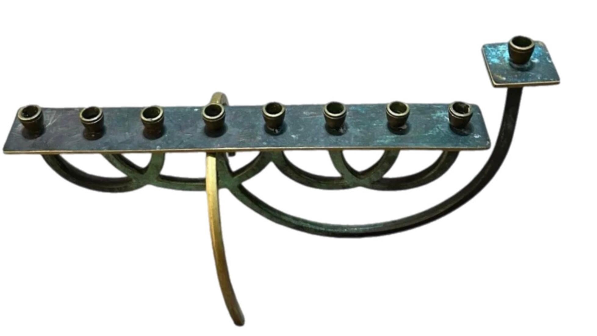 Mid-Century Modern Rare 50's Verdigris Brass Mid Century Modern Minimalist Menorah Israel For Sale