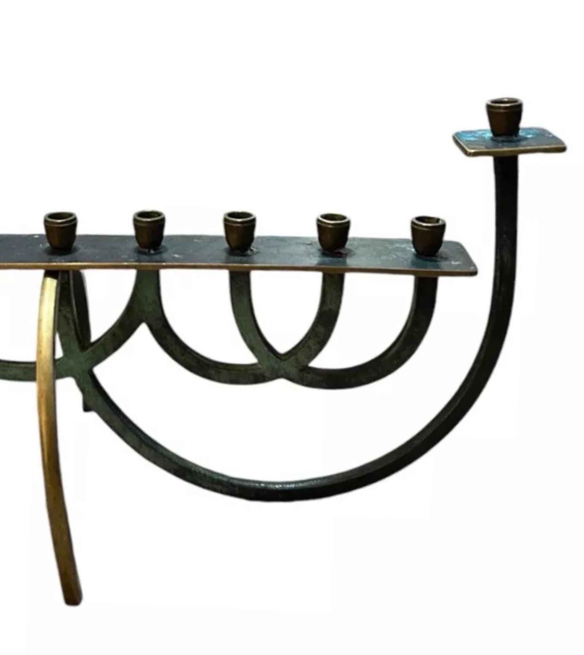 Rare 50's Verdigris Brass Mid Century Modern Minimalist Menorah Israel In Good Condition For Sale In St.Petersburg, FL