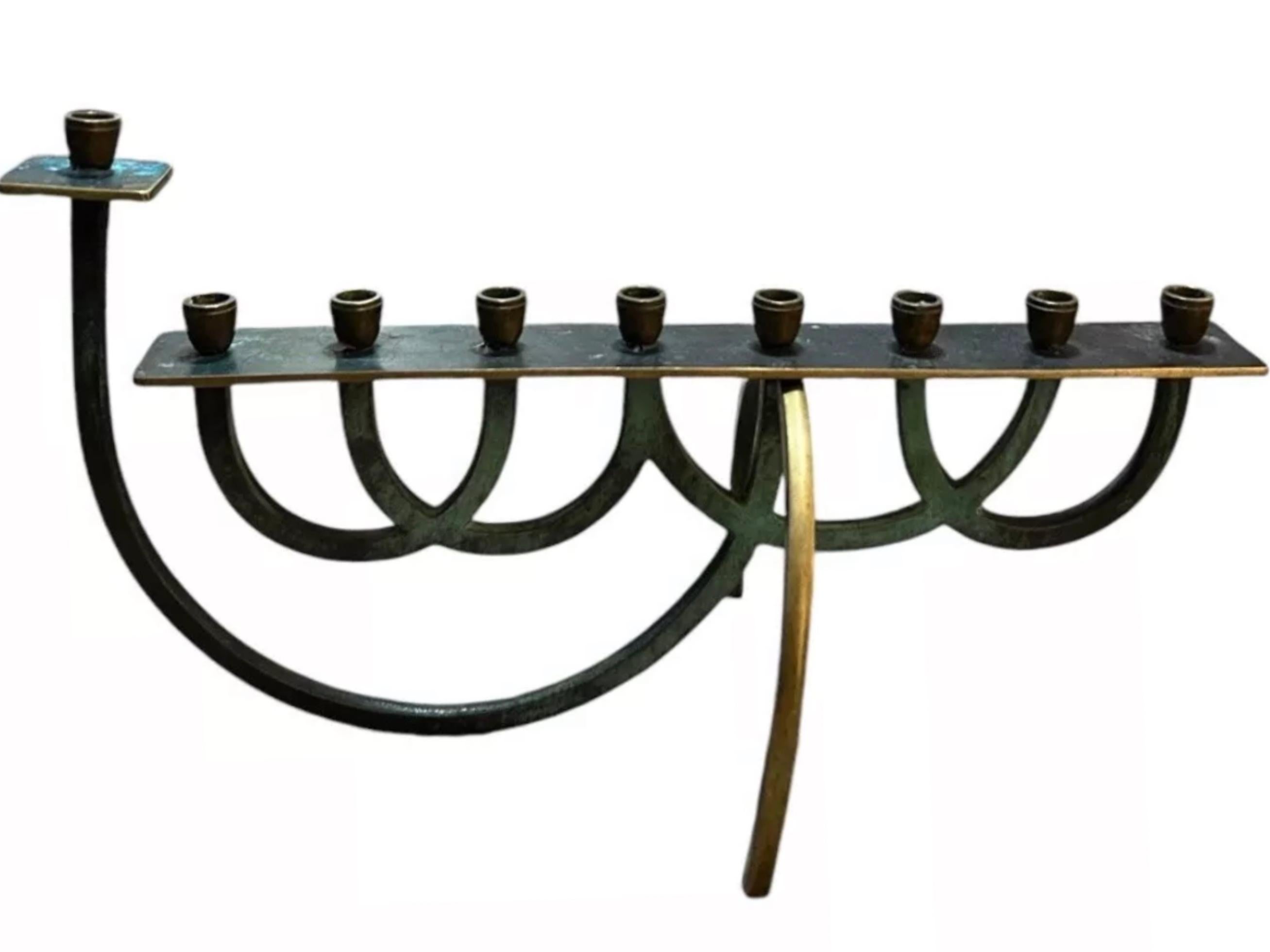 20th Century Rare 50's Verdigris Brass Mid Century Modern Minimalist Menorah Israel For Sale