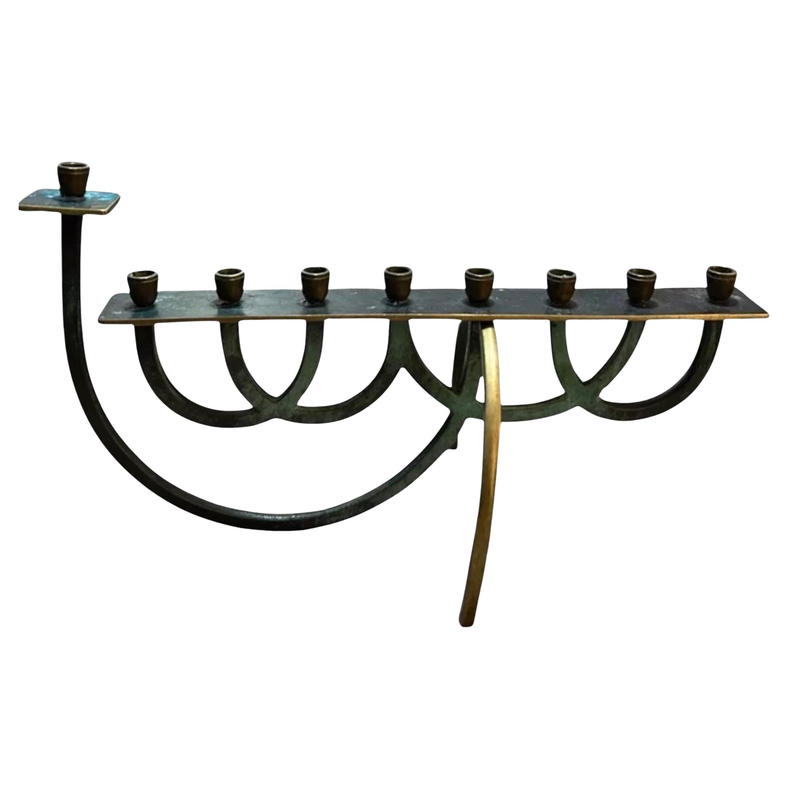 Rare 50's Verdigris Brass Mid Century Modern Minimalist Menorah Israel For Sale