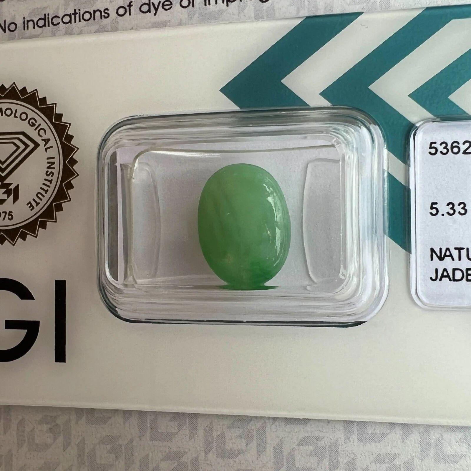 Rare 5.33ct IGI Certified Jadeite Jade ‘A’ Grade Green Oval Cabochon Blister Gem

IGI Blister Sealed Untreated A Grade Jadeite Gemstone.
5.33 Carat with an excellent oval cabochon cut and bright green colour. Fully certified by IGI in Antwerp, one