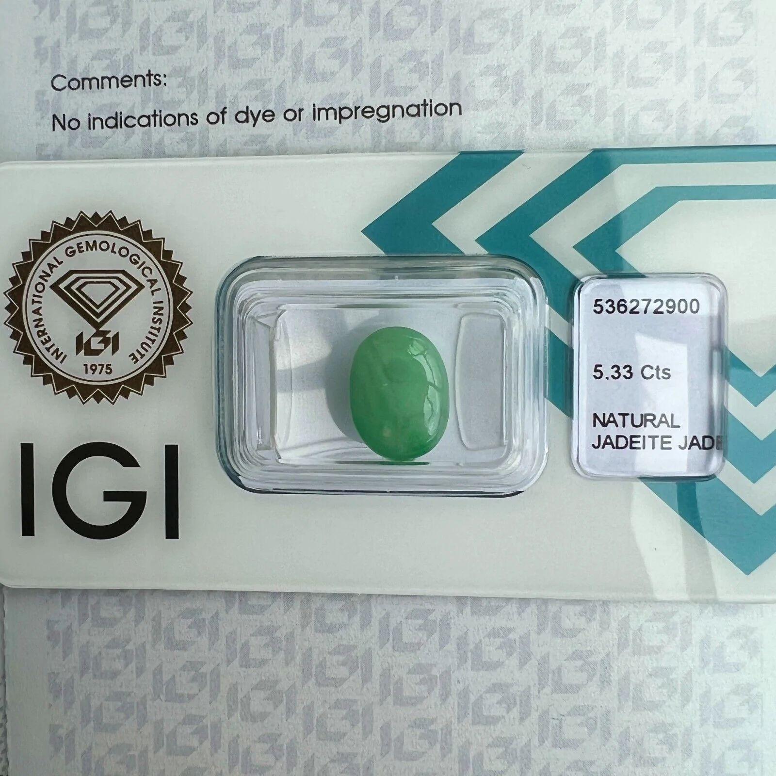 Oval Cut Rare 5.33ct IGI Certified Jadeite Jade ‘A’ Grade Green Oval Cabochon Blister Gem For Sale