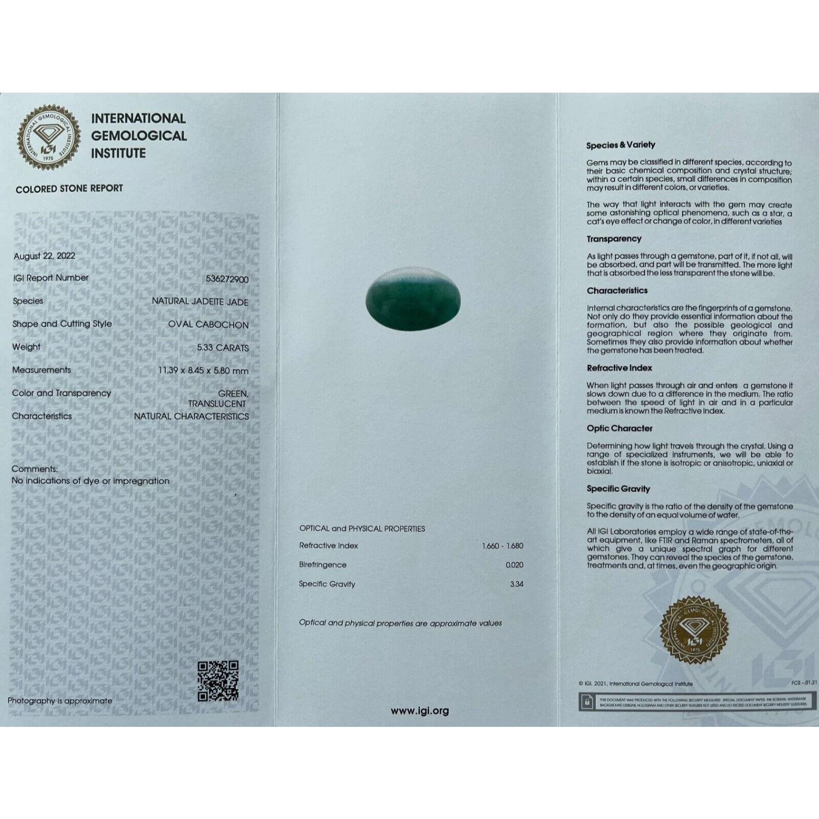 Rare 5.33ct IGI Certified Jadeite Jade ‘A’ Grade Green Oval Cabochon Blister Gem In New Condition For Sale In Birmingham, GB