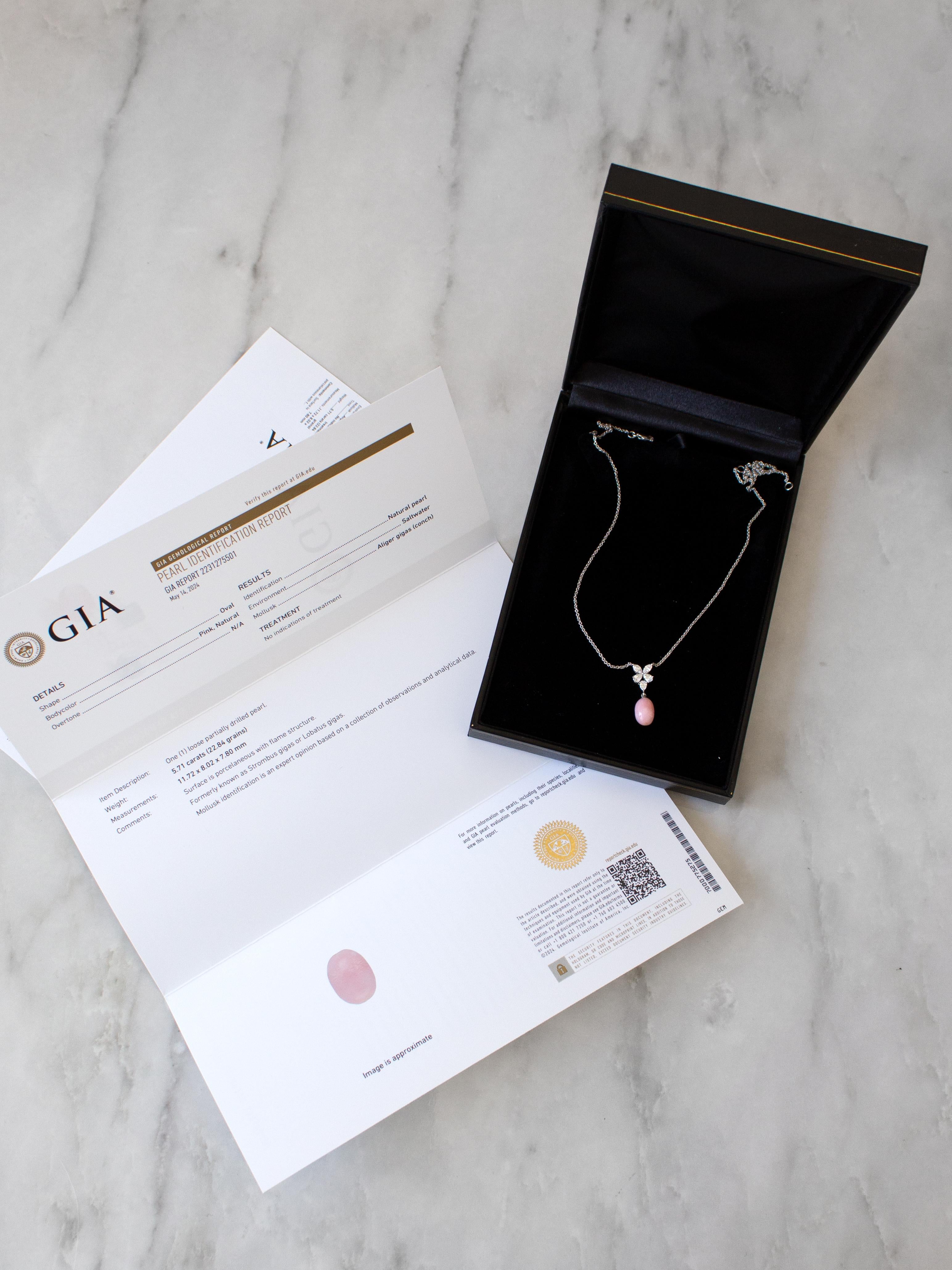 Rare 5.71ct GIA Certified Pink Conch Pearl Flame Diamonds White Gold Necklace For Sale 4