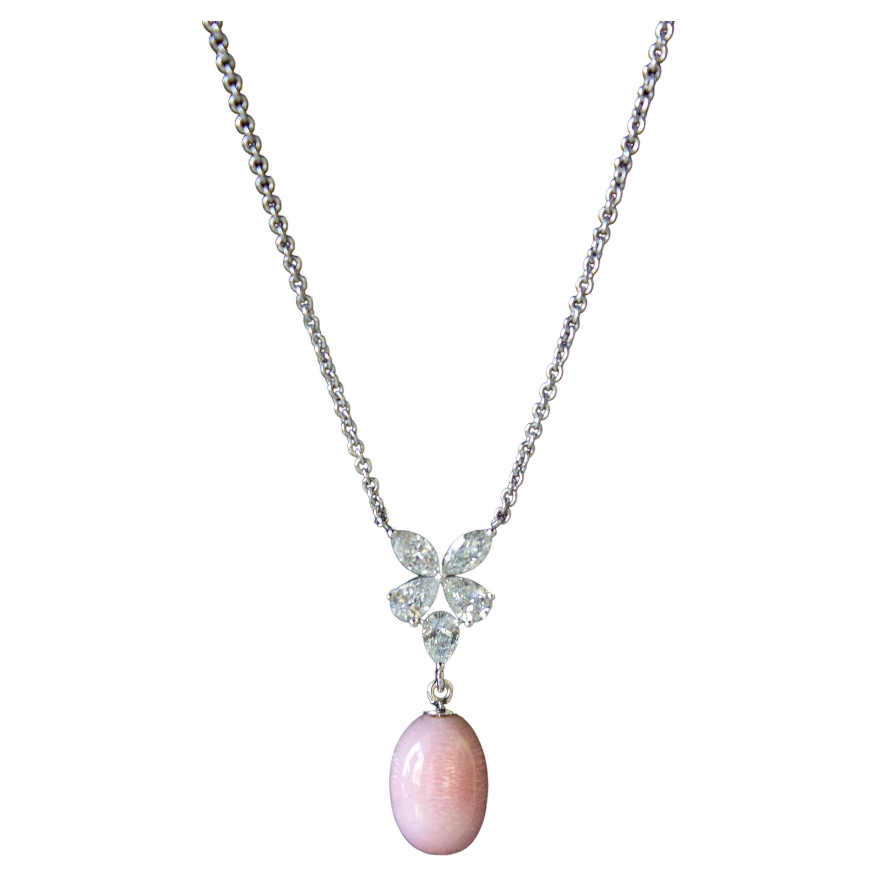 Rare 5.71ct GIA Certified Pink Conch Pearl Flame Diamonds White Gold Necklace For Sale