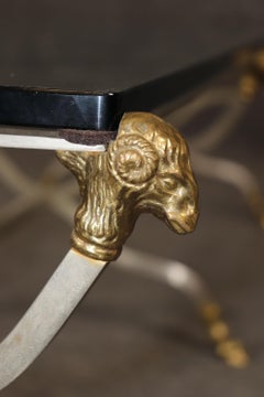 Rare 6 Leg Rams Head Maison Jansen Glass Brass Steel Rectangular Coffee Table