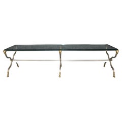 Seltener rechteckiger Couchtisch mit 6 Beinen und Widderkopf, Maison Jansen, Glas, Messing, Stahl und Stahl