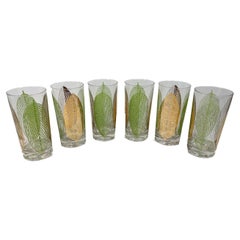 Rare 6 Mid-Century Highball Glasses with Green & Gold Leaves Signed "Meth"