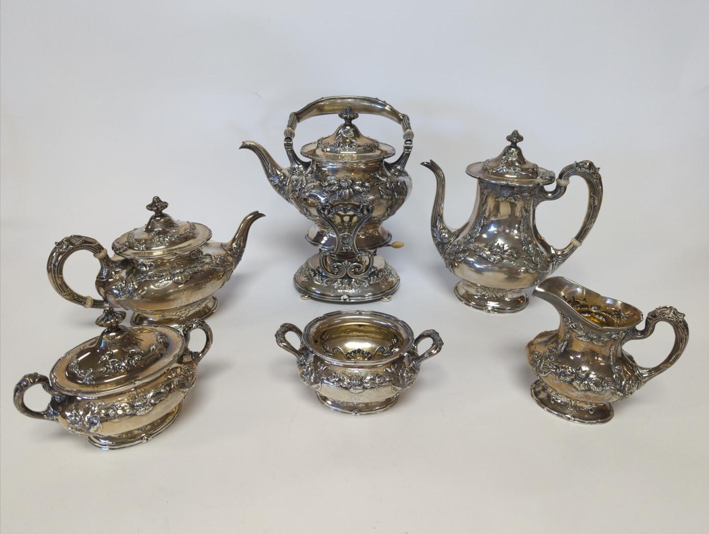 Maker: Gorham
Composition: sterling silver
Type: tea service set
Pattern: Imperial Chrysanthemum
Markings: Lion, Anchor, G, Sterling, A7433
Monogrammed: Yes, looks like the letters are BRC
Number of Pieces: 6
Coffee Pot ~ 27.33ozt, 10?H x