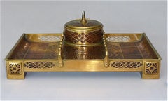 Seltenes 6teiliges Schreibtisch-Set Erhard & Sohne, Holzintarsien-Messing, Art nouveau-Stil 1900, Erhard & Sohne