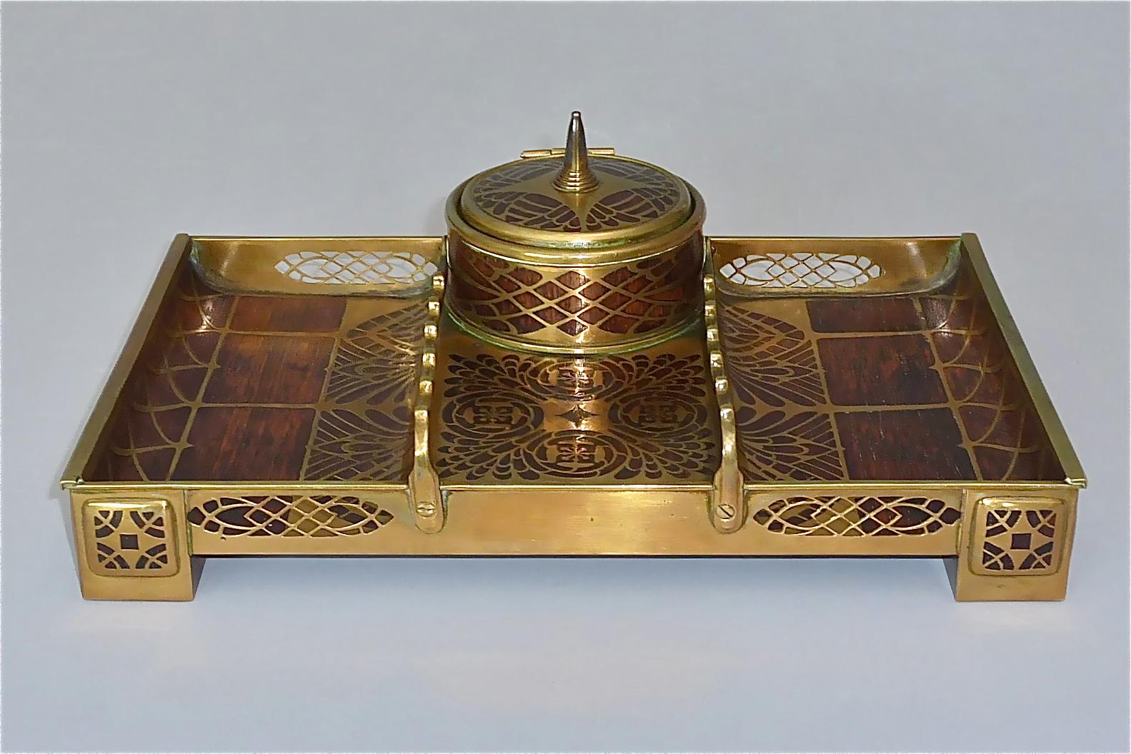 Jugendstil Rare 6 Piece Writing Desk Set Erhard & Sohne Wood Inlay Brass Art Nouveau 1900 For Sale