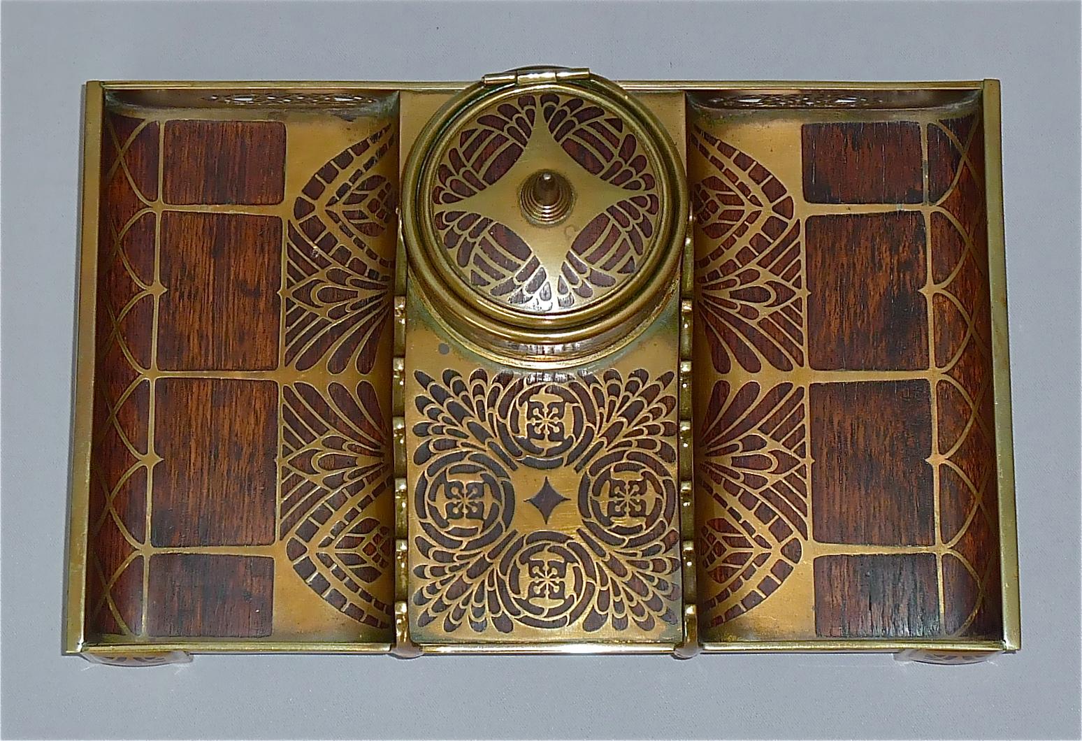 German Rare 6 Piece Writing Desk Set Erhard & Sohne Wood Inlay Brass Art Nouveau 1900 For Sale