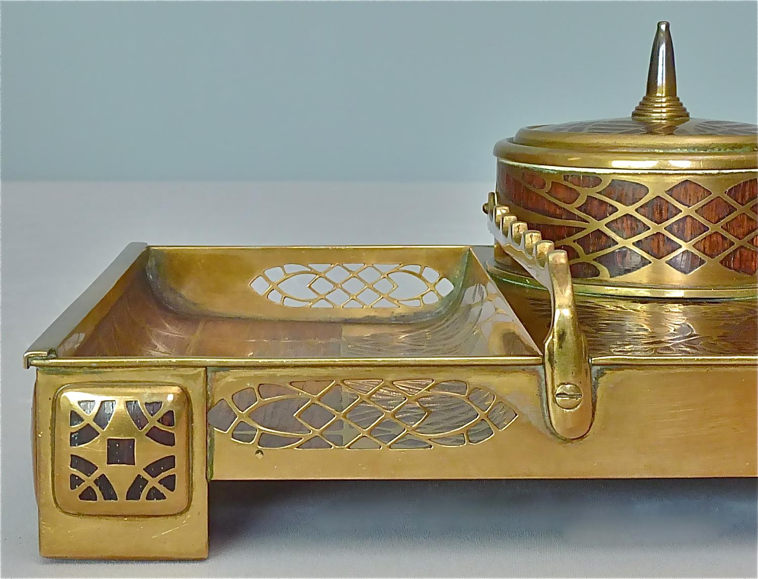 Rare 6 Piece Writing Desk Set Erhard & Sohne Wood Inlay Brass Art Nouveau 1900 For Sale 3